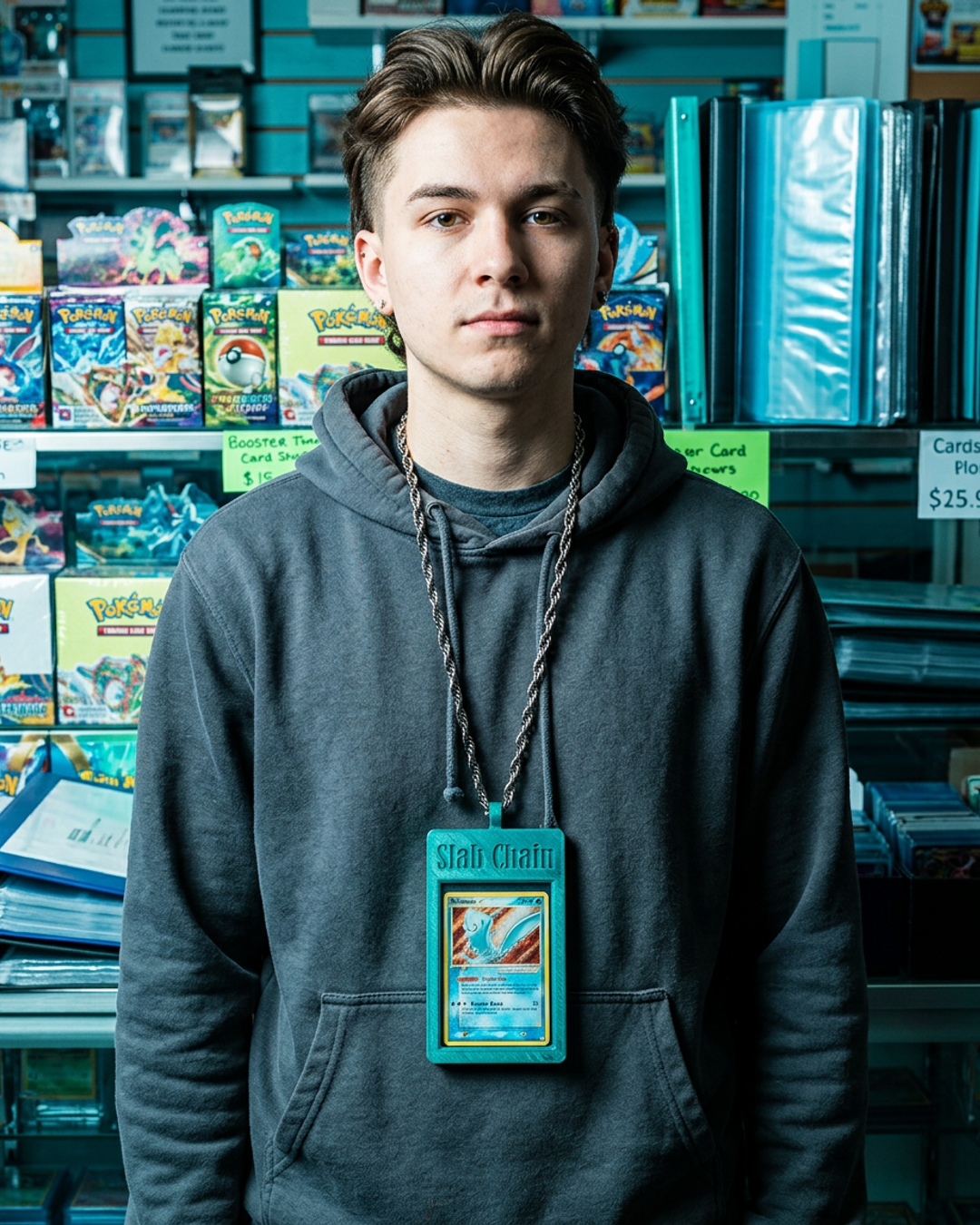 A collector wearing a Slab Chain card pendant at a trading card shop, showing off their gem mint slab around their neck.