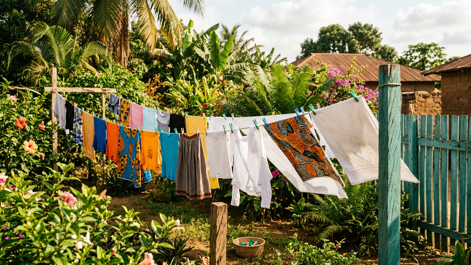 Clean laundry hanging on a clothesline in warm Nigerian afternoon sunlight