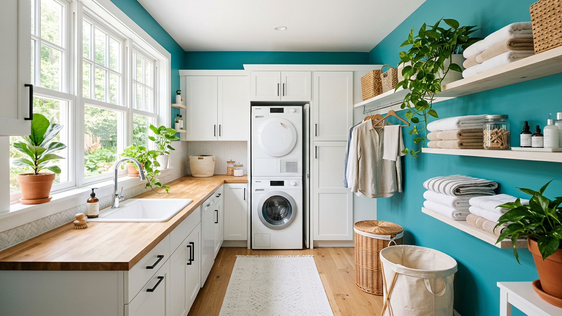 Bright modern laundry room with teal accent walls and clean white equipment