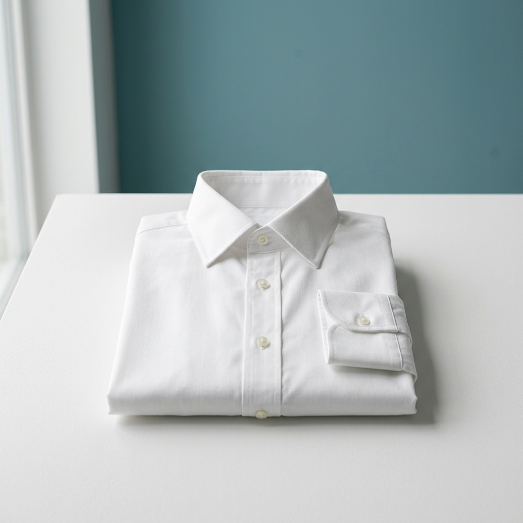 Crisp pressed white dress shirt, fresh and immaculate