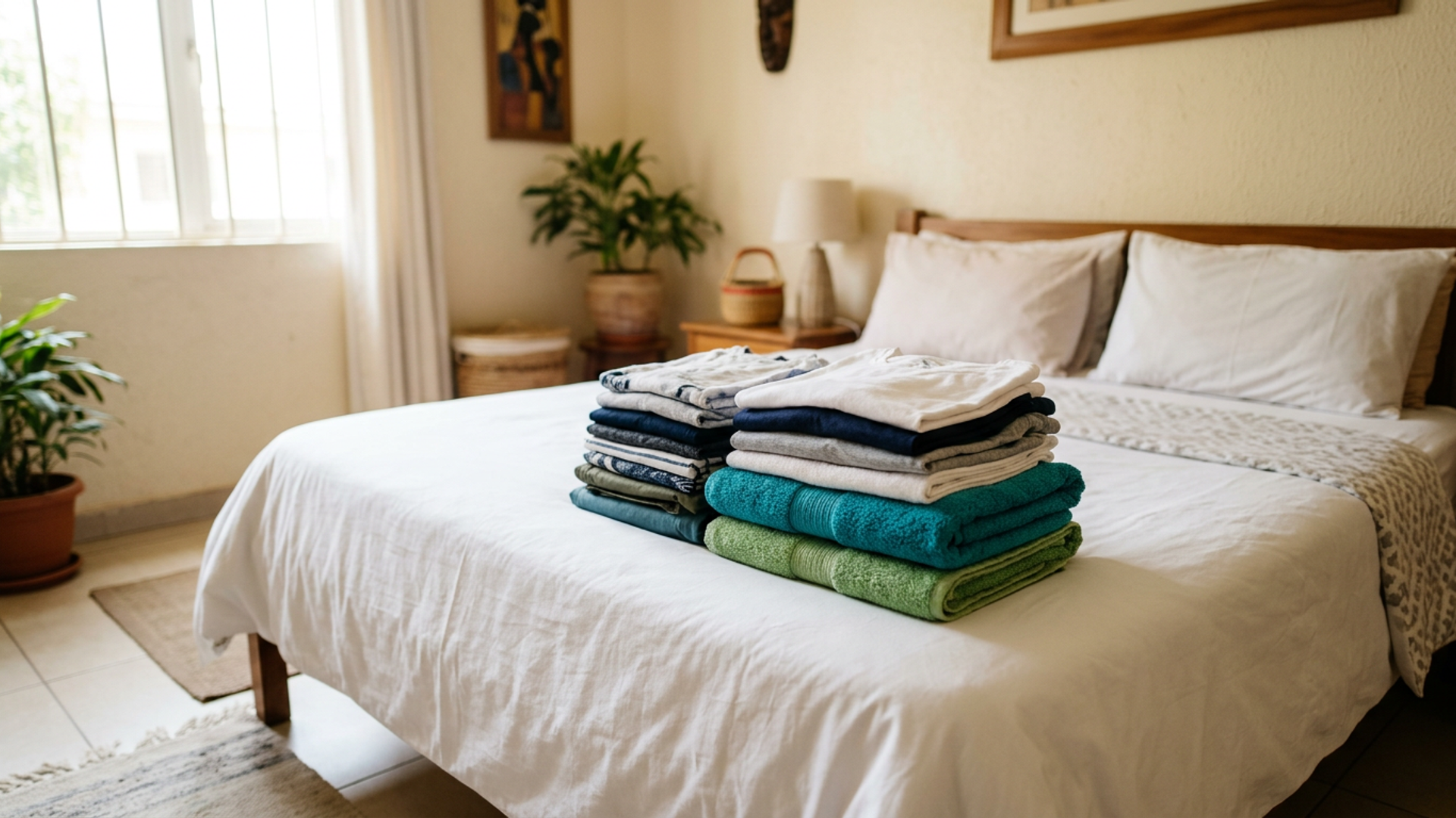 Neatly folded clean laundry arranged on a bed with white linen in an Abuja home