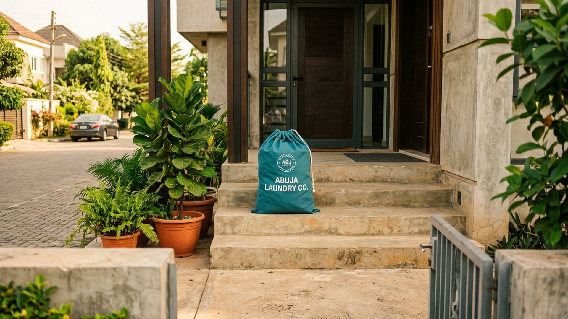 Swiftwash teal laundry bag at an Abuja home doorstep, ready for pickup