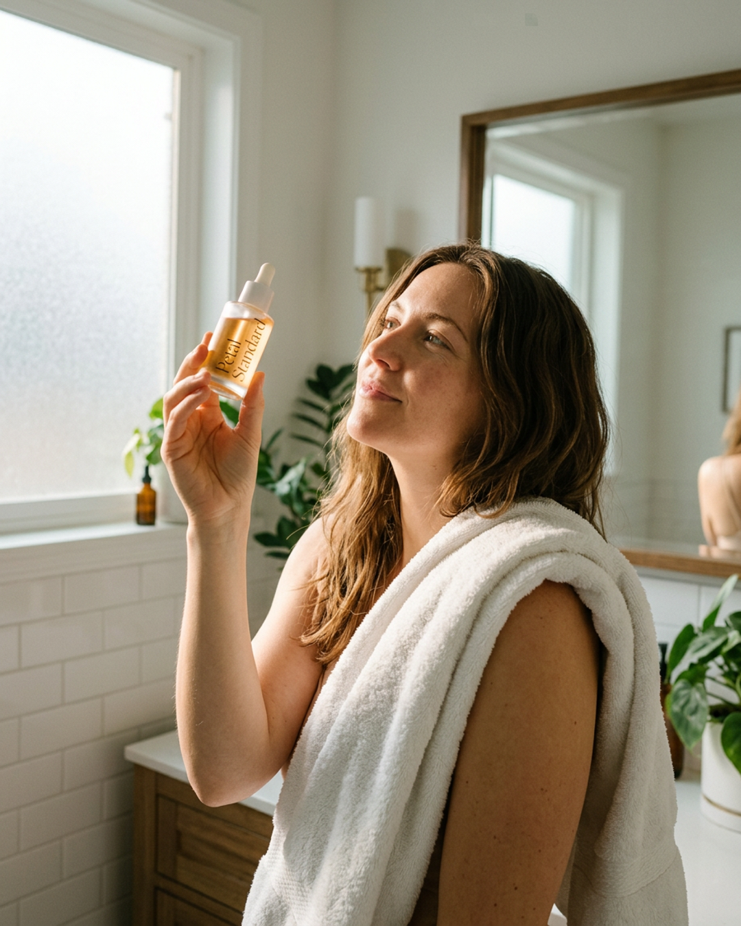 A woman holds the Hero Hydrating Serum at home, morning light coming through a domestic window.