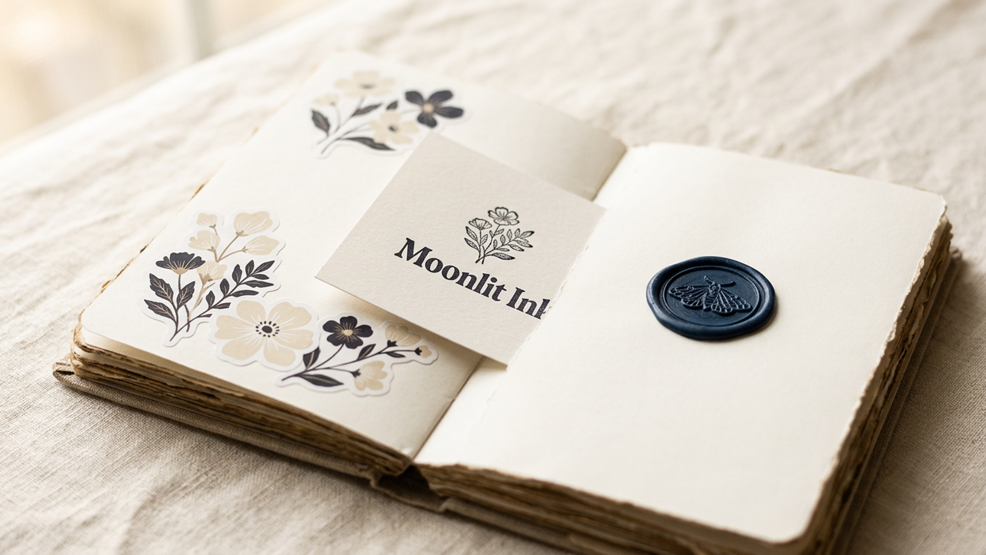 An open journal spread on cream linen, sticker sheets fanned across the page alongside a pressed wax seal mark. Natural window light. The full kit in quiet use.
