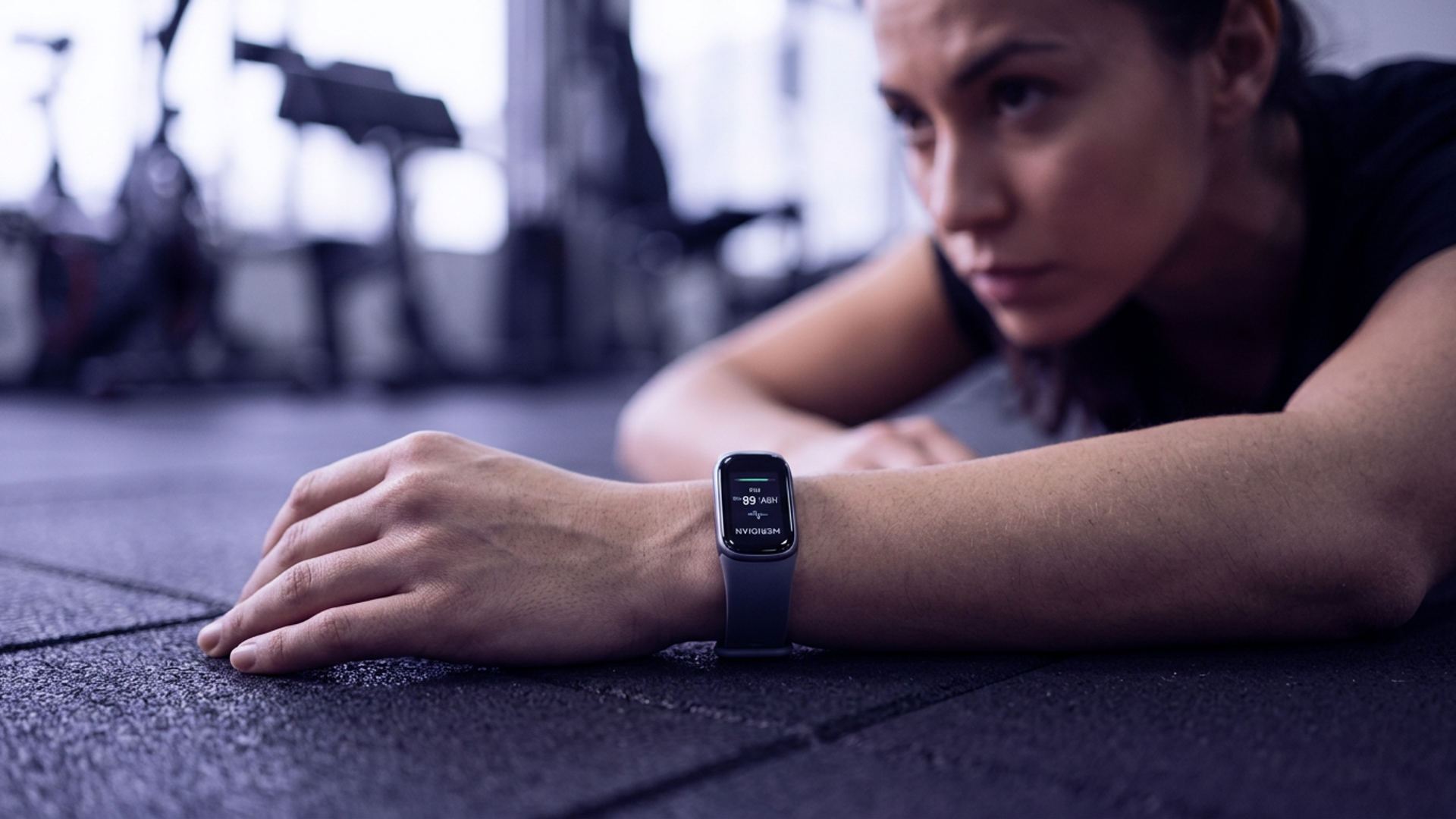 Person's wrist resting on a dark gym mat at dawn, fitness band displaying an HRV recovery number, violet-toned low light