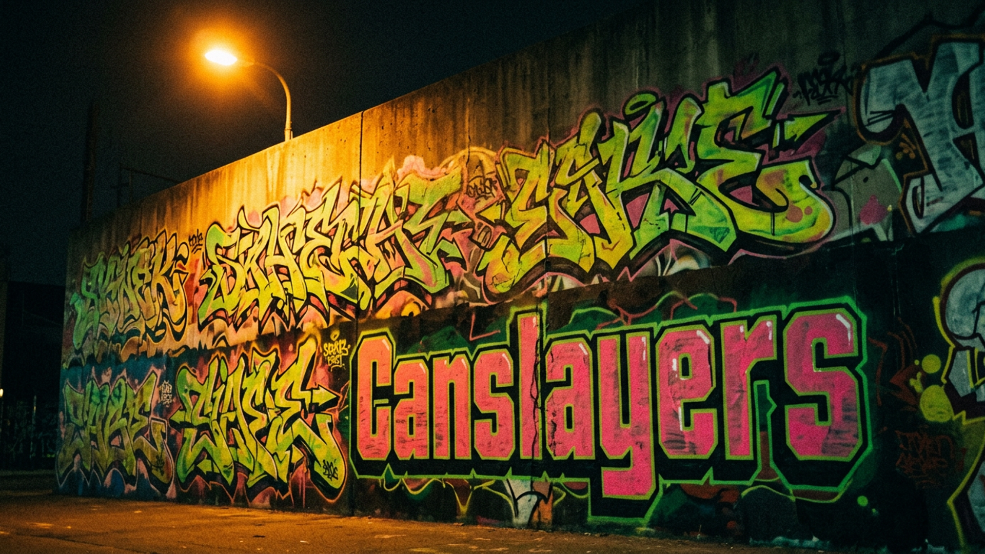 Graffiti-covered wall at night lit in neon light
