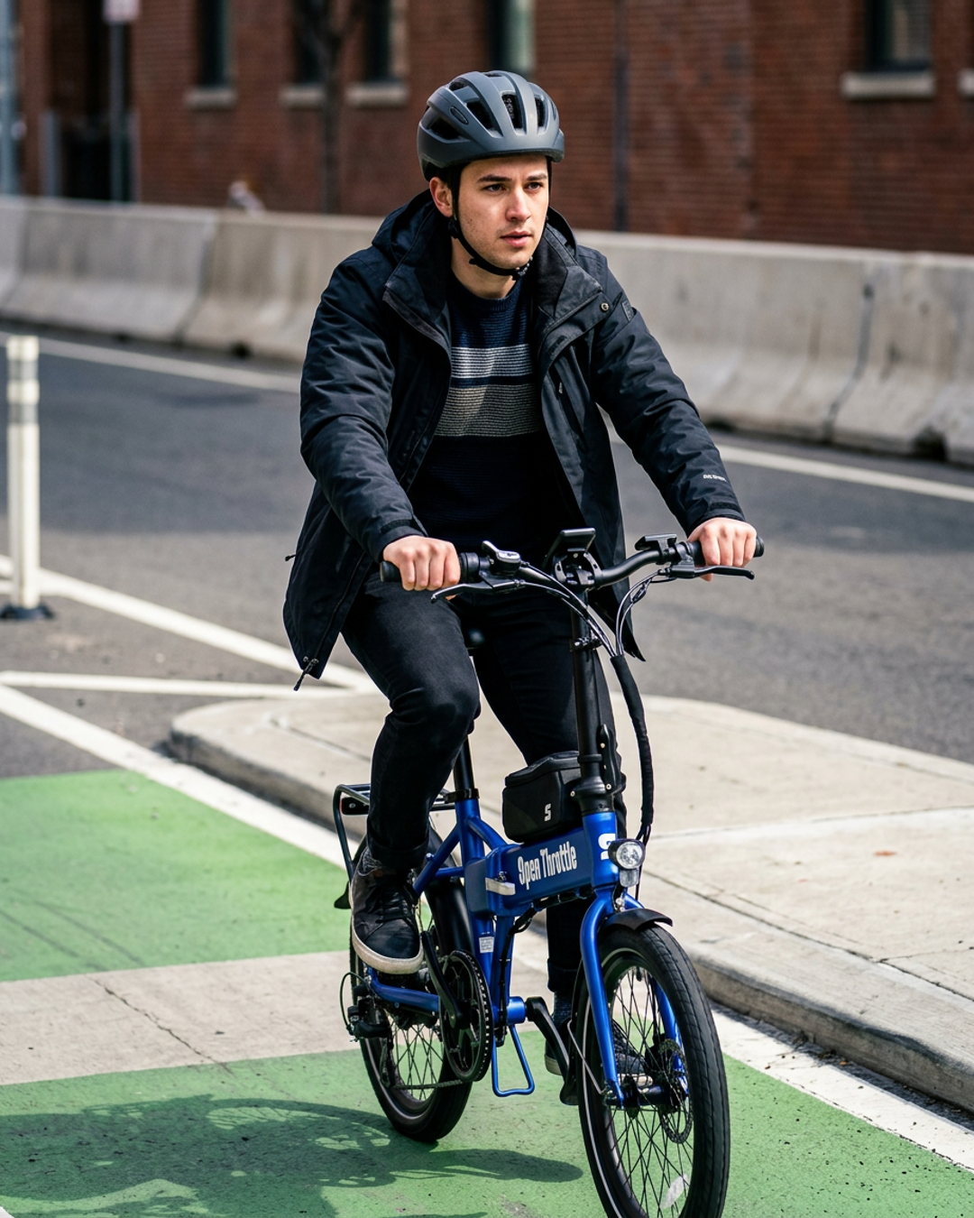 Rider commuting through a city bike lane on an e-bike