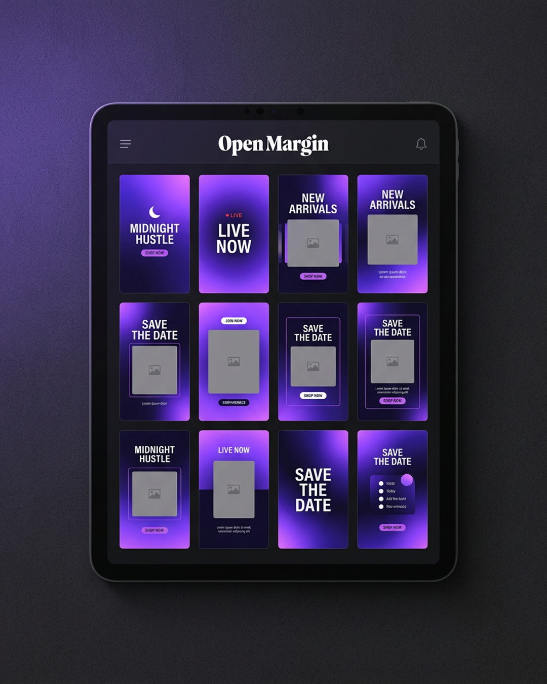 Preview of the Social Media Starter Pack — Midnight Hustle gradient story templates displayed on screen