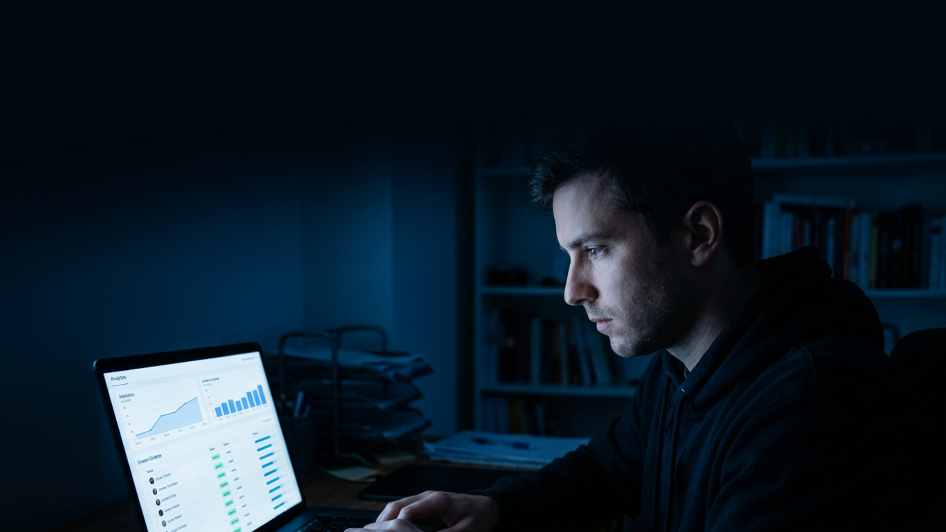 Solo founder at a glowing laptop in a dark home office, a contact analytics dashboard visible on screen, cool blue light