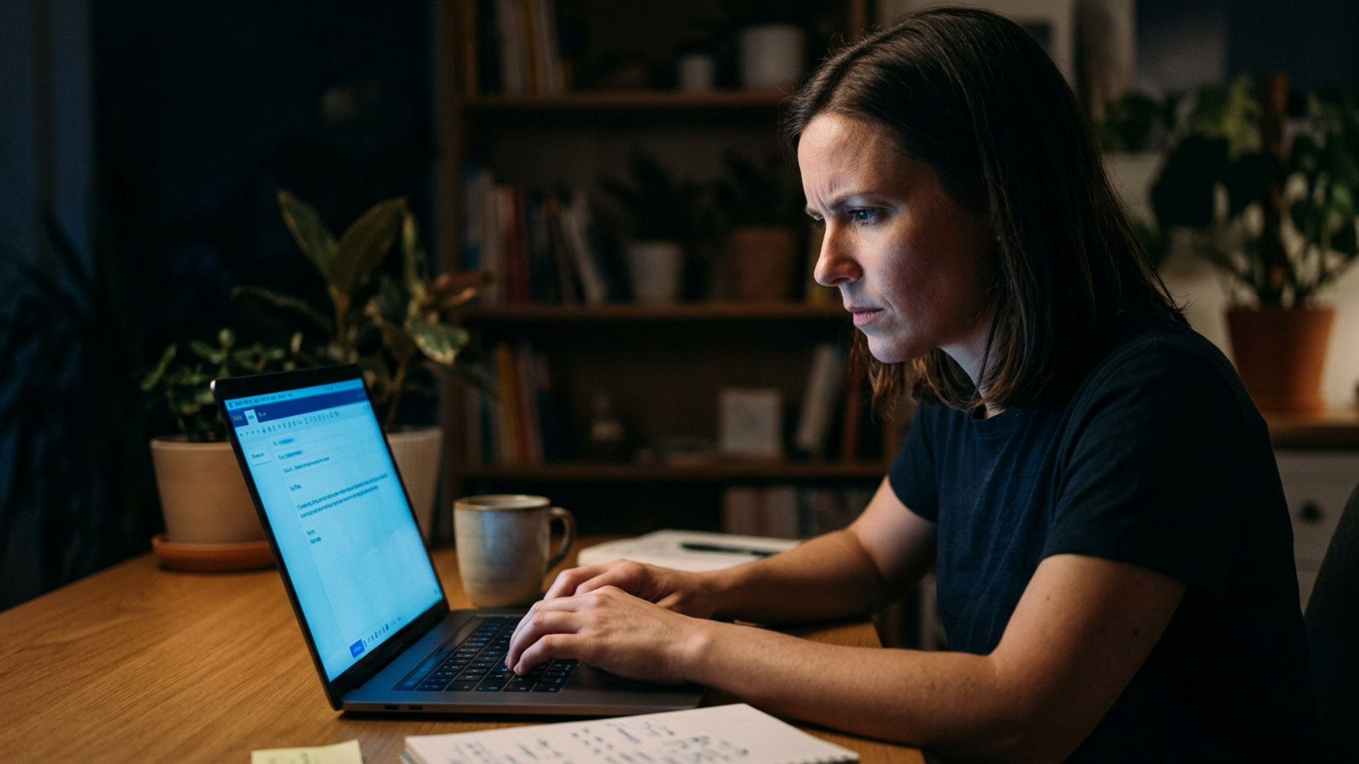 Solo founder at a laptop in a dark home office, screen glow lighting their face as they draft an outreach email