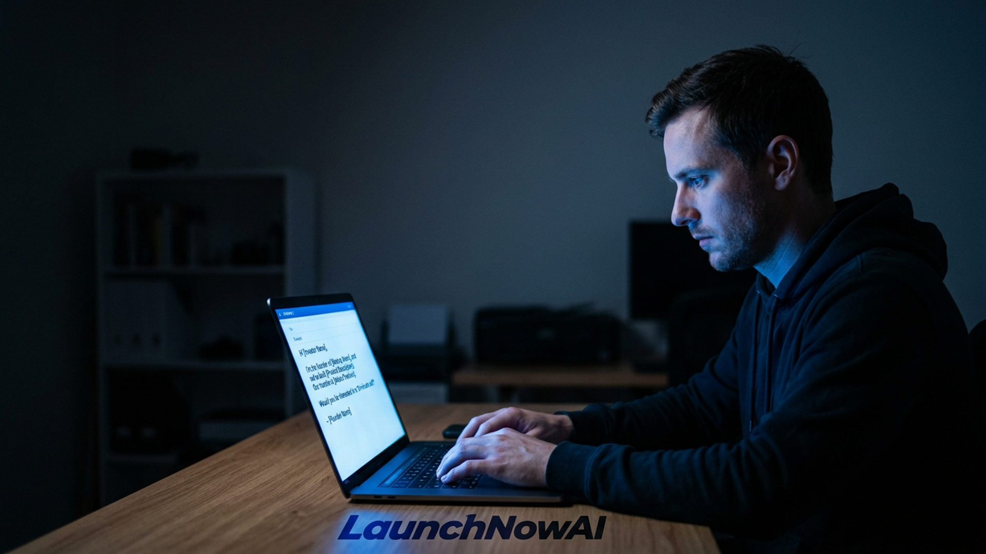 Solo founder at a glowing laptop screen in a dark home office, a short outreach email draft visible, cobalt light across the