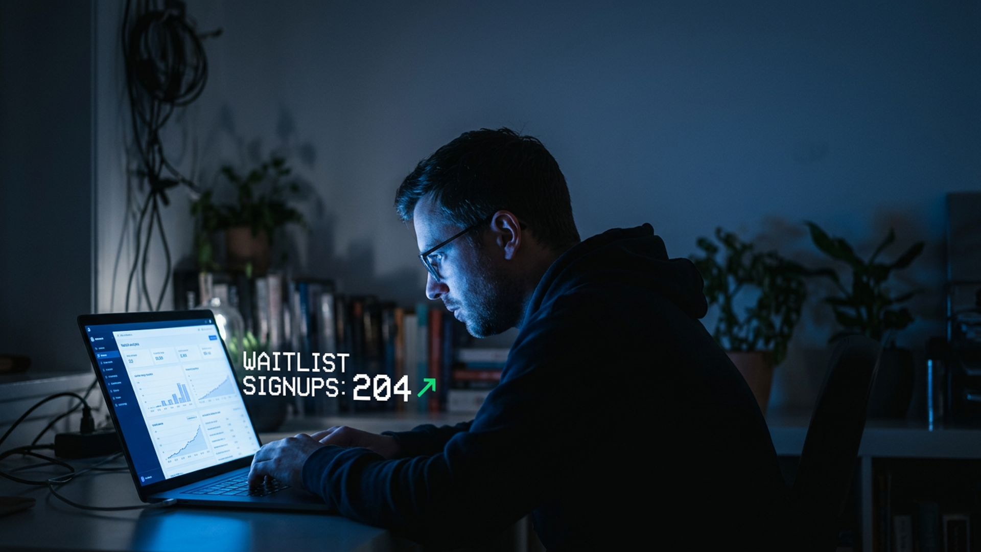 Solo founder at a dark desk watching a glowing laptop screen display a rising waitlist counter, screen light casting blue
