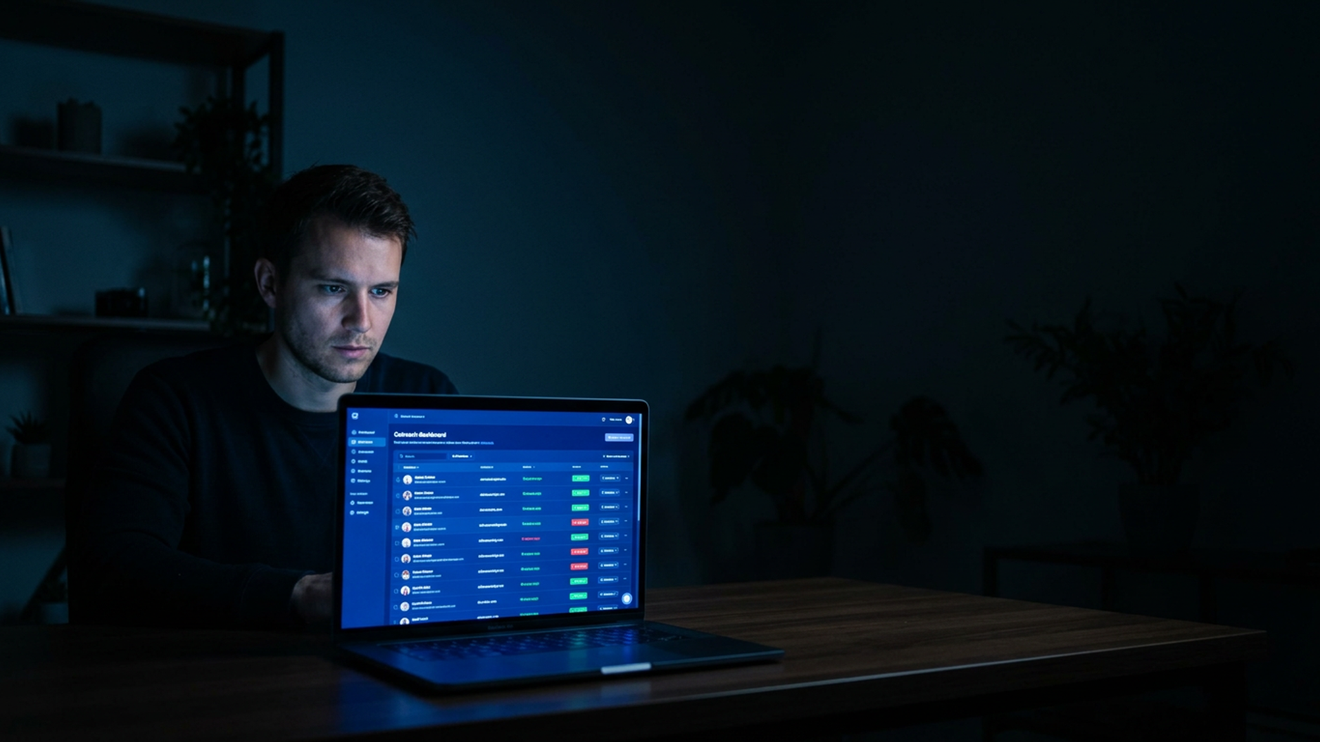 Solo founder at a dark desk, laptop screen glowing blue with an influencer outreach dashboard, late-night home office setting
