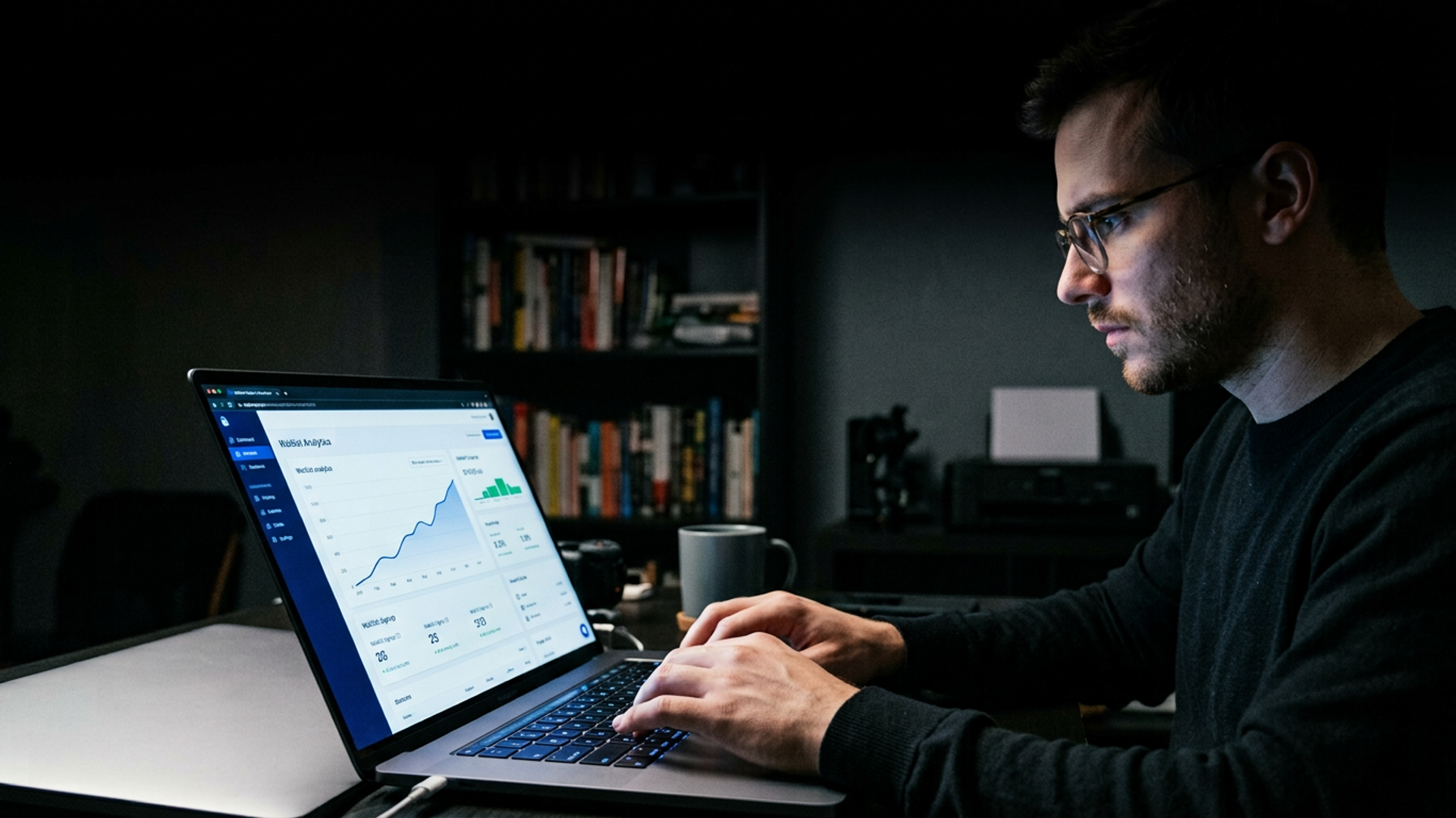 Solo founder at a dark desk, laptop screen showing a waitlist signup counter climbing, cool blue screen glow the only light