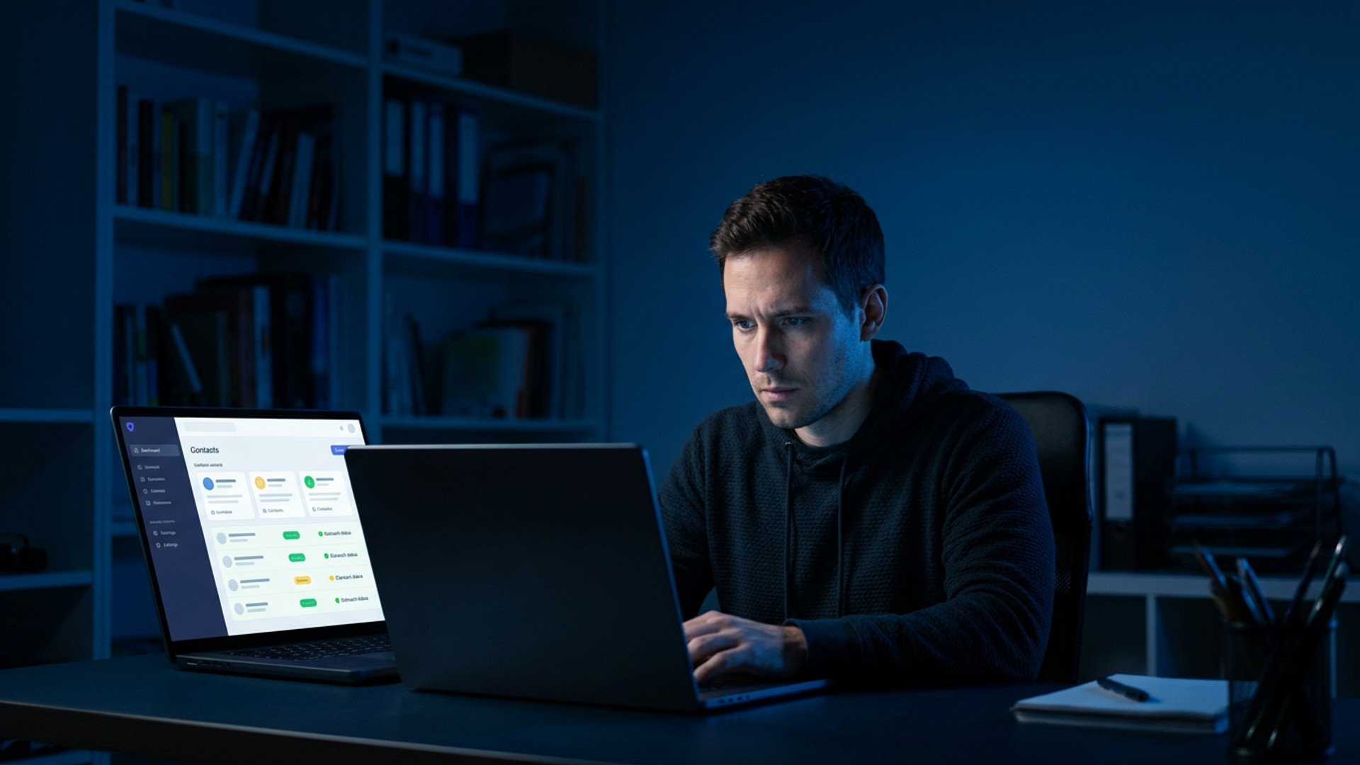 Solo founder at a dark desk, face lit by cool blue screen glow, reviewing an outreach dashboard on a laptop late at night