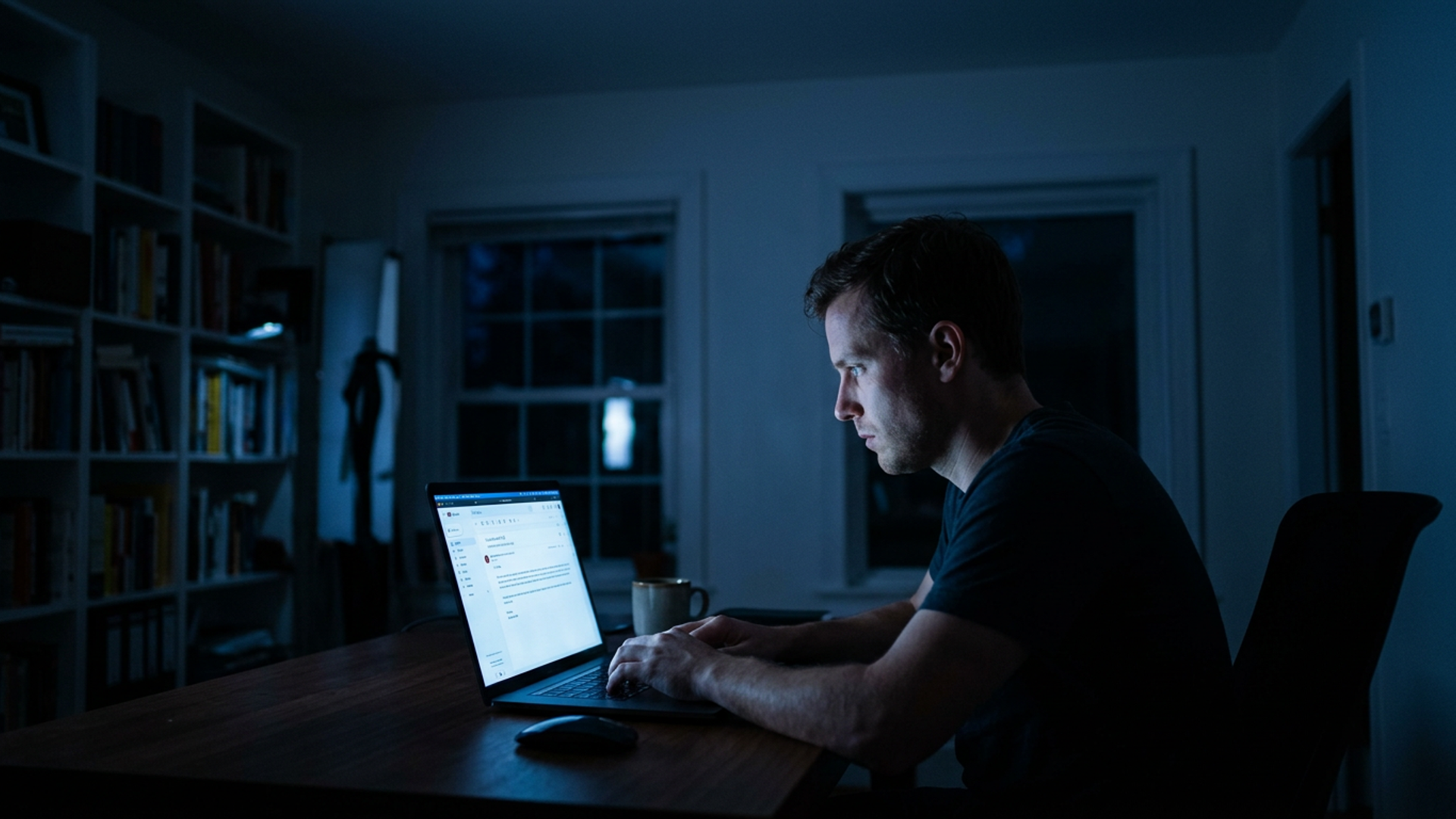 Solo founder at a glowing laptop in a dark home office, drafting an outreach email, cool blue screen light, concentrated