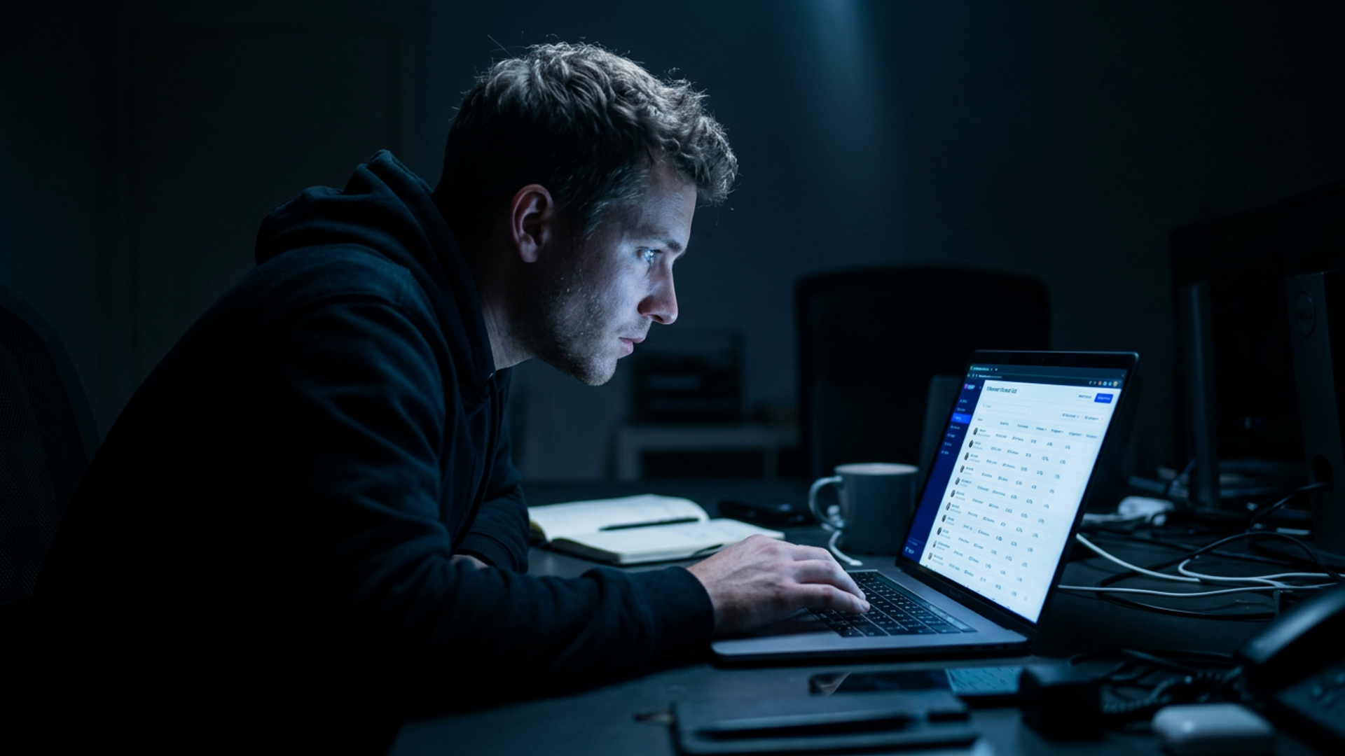 A solo founder at a laptop in a dark home office, screen glow illuminating an influencer contact dashboard, late-night