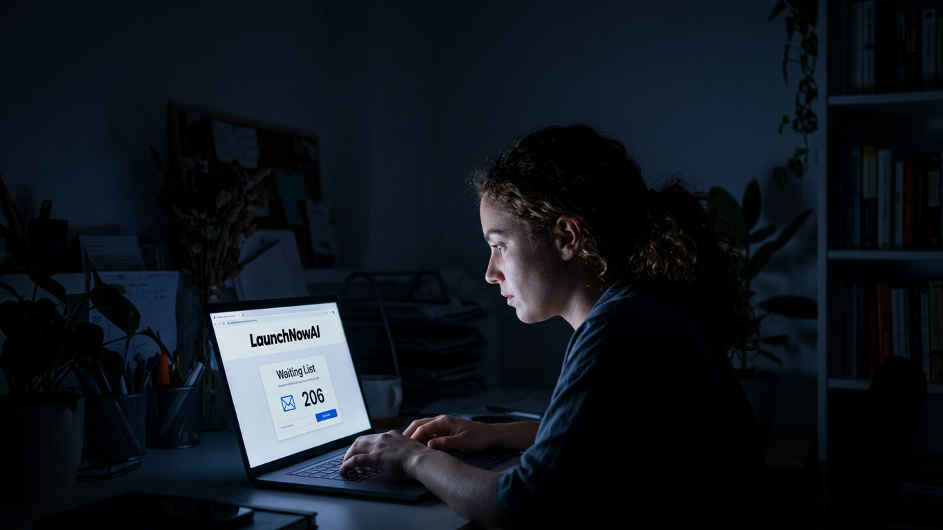 Solo founder at a laptop in a dark home office, screen showing a waitlist landing page with a rising signup counter, lit by