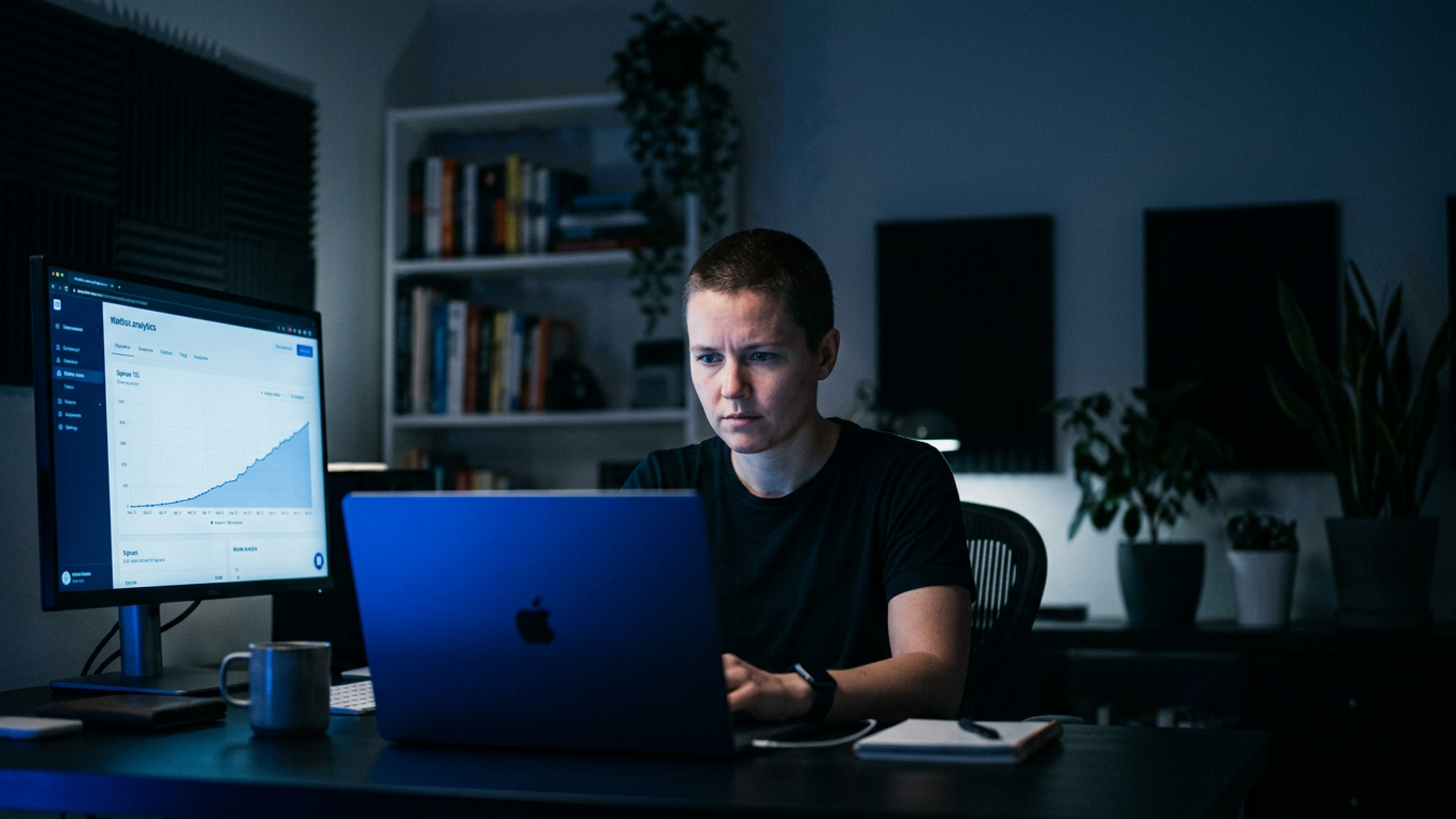 A solo founder at a laptop in a dark home office, face lit by the screen glow, waitlist analytics dashboard showing climbing