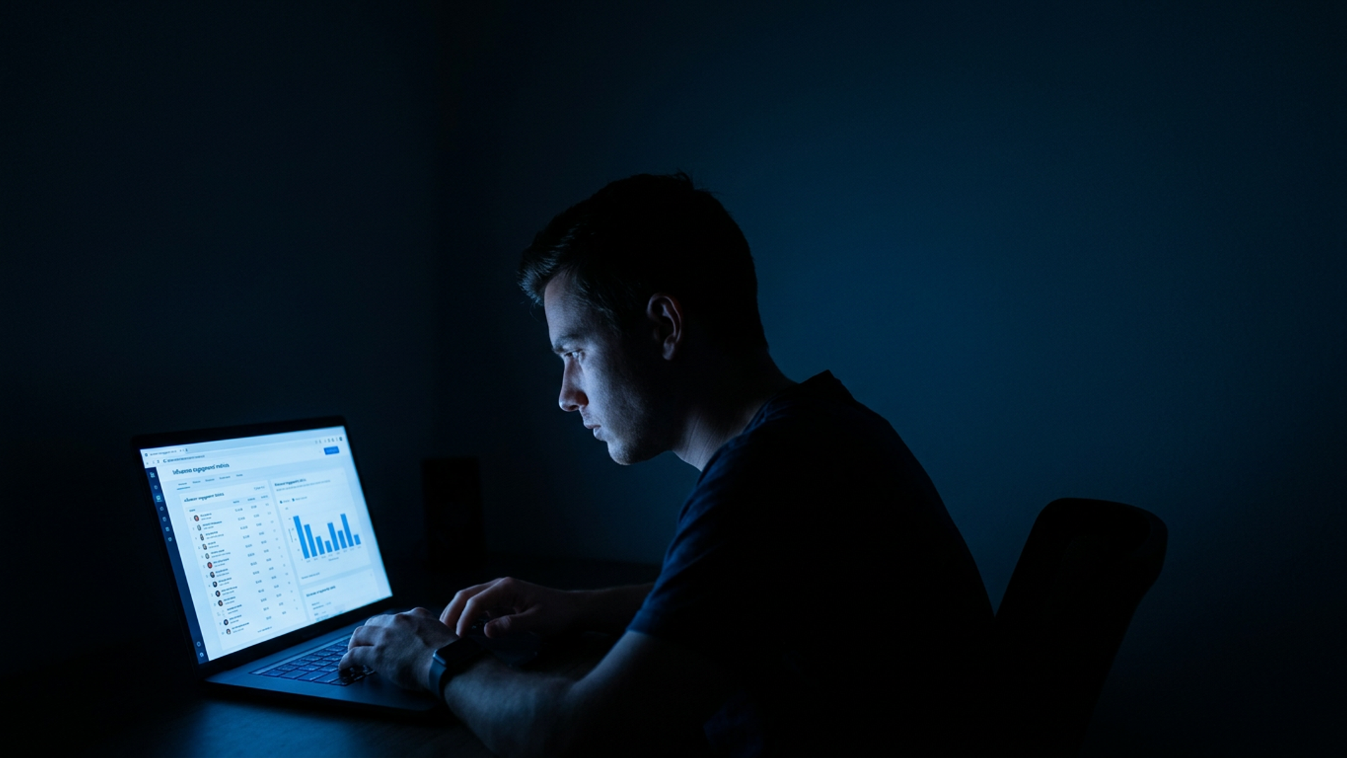 A solo founder in a dim home office studies an influencer contact list glowing on a laptop screen, cool blue light the only