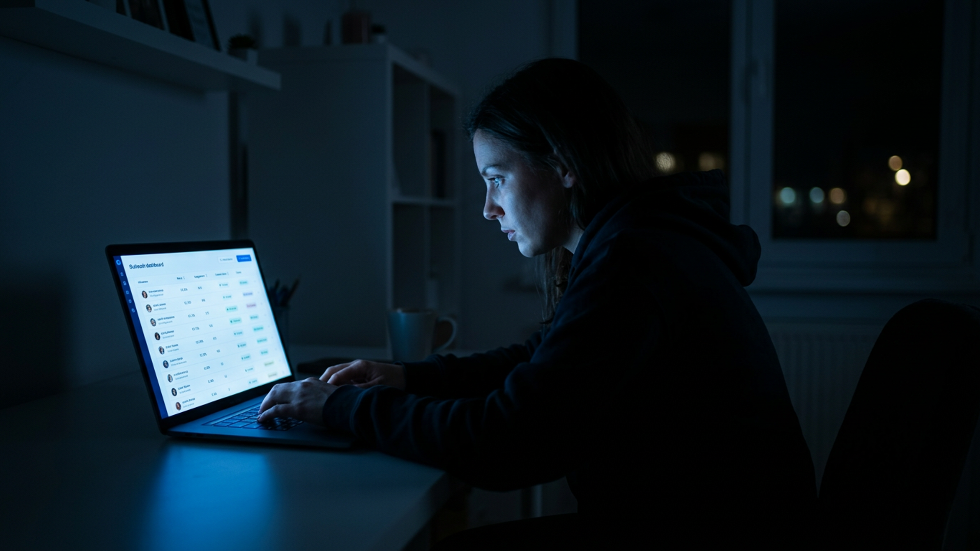 Solo founder working late at a dark desk, laptop screen showing an influencer outreach dashboard with contact names and