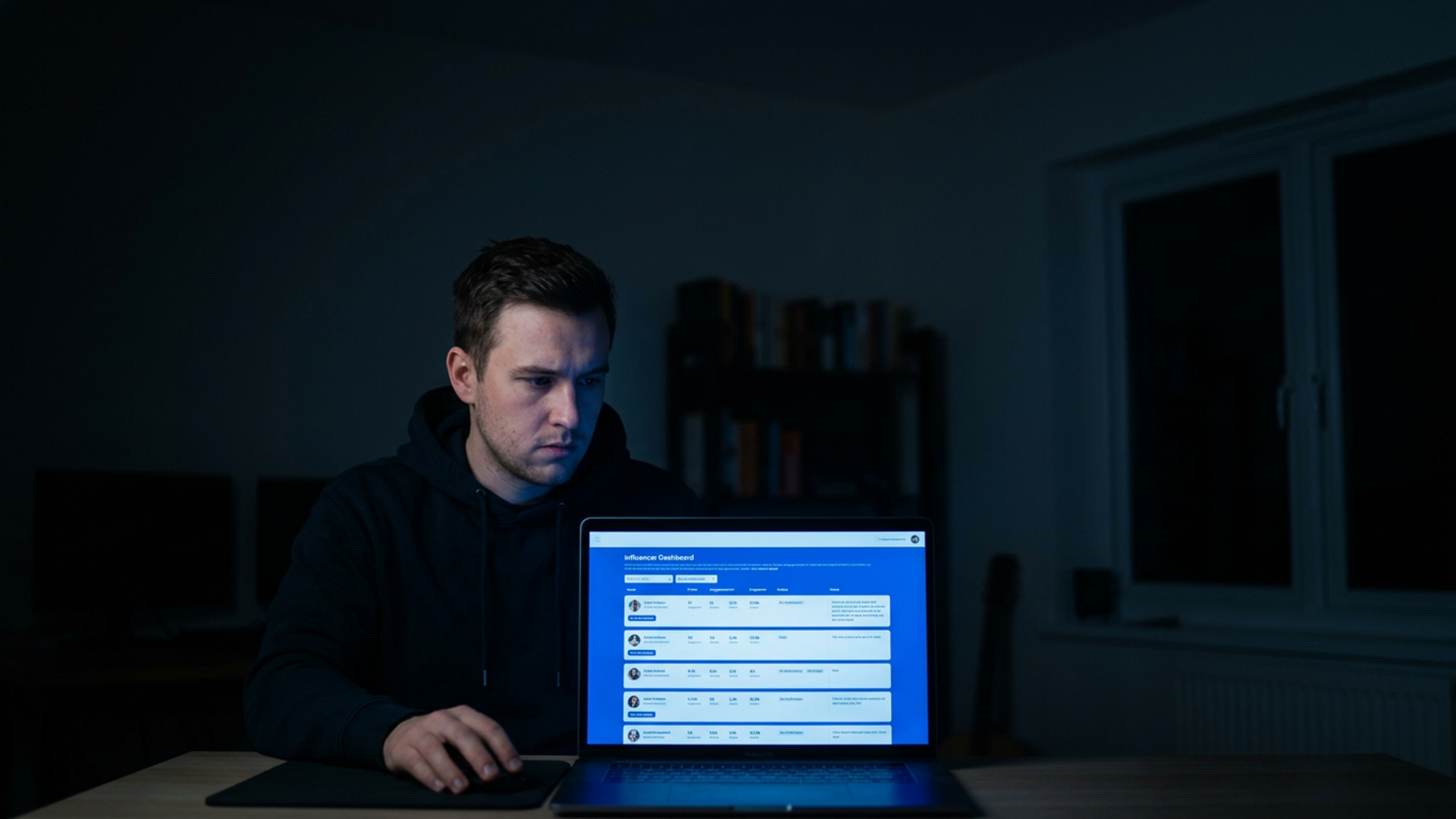 Solo founder reviewing an influencer contact list on a glowing laptop in a dark home office, cobalt blue screen light