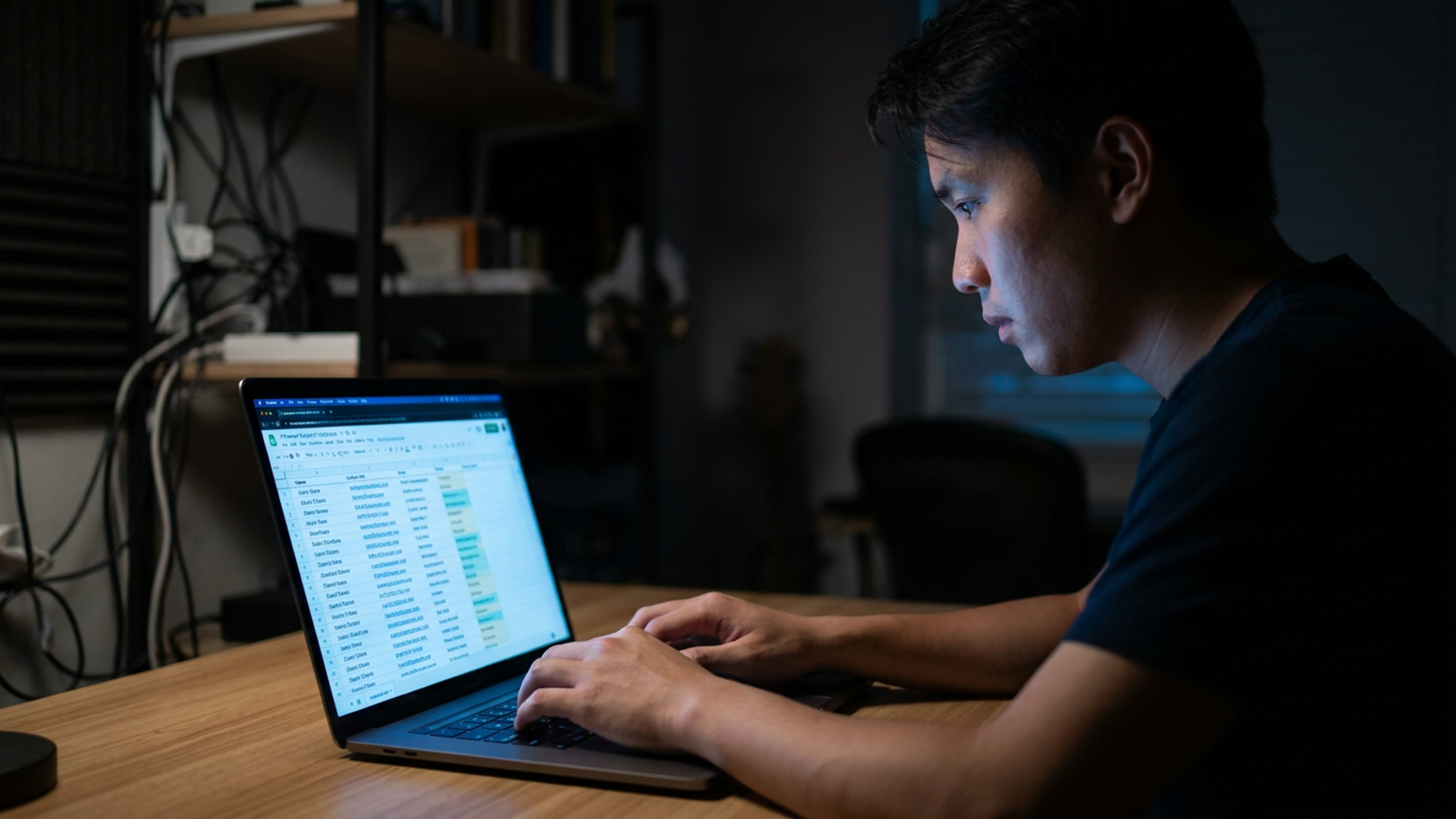 Solo founder at a dark desk, laptop screen casting cobalt light across an influencer outreach dashboard, focused and alone
