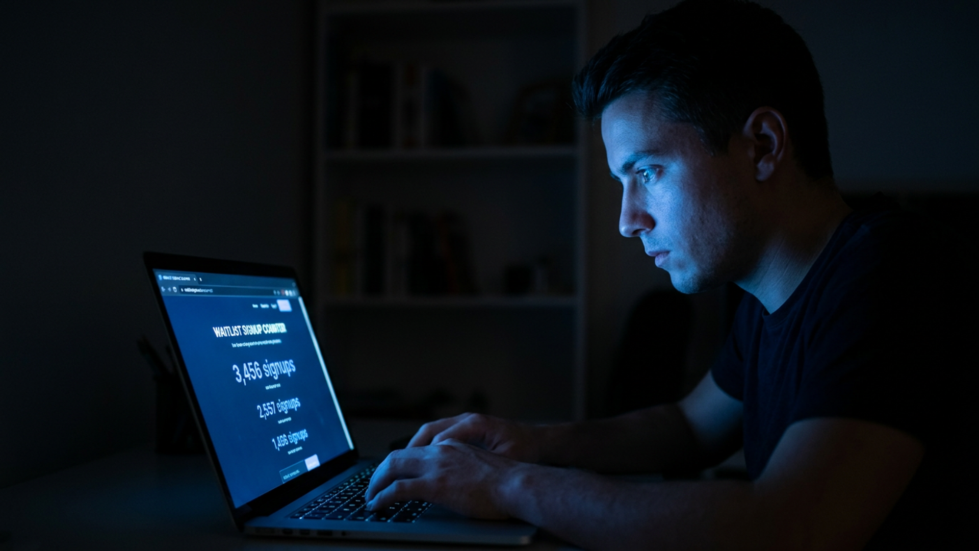 A solo founder at a dark desk late at night, laptop screen glowing blue with a waitlist counter climbing past a milestone