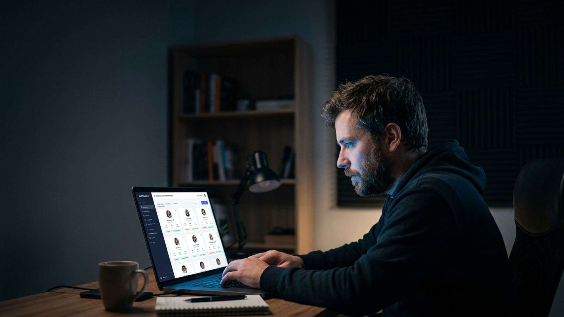 Solo founder at a glowing laptop in a dark home office, an influencer outreach dashboard visible on screen, cool blue light