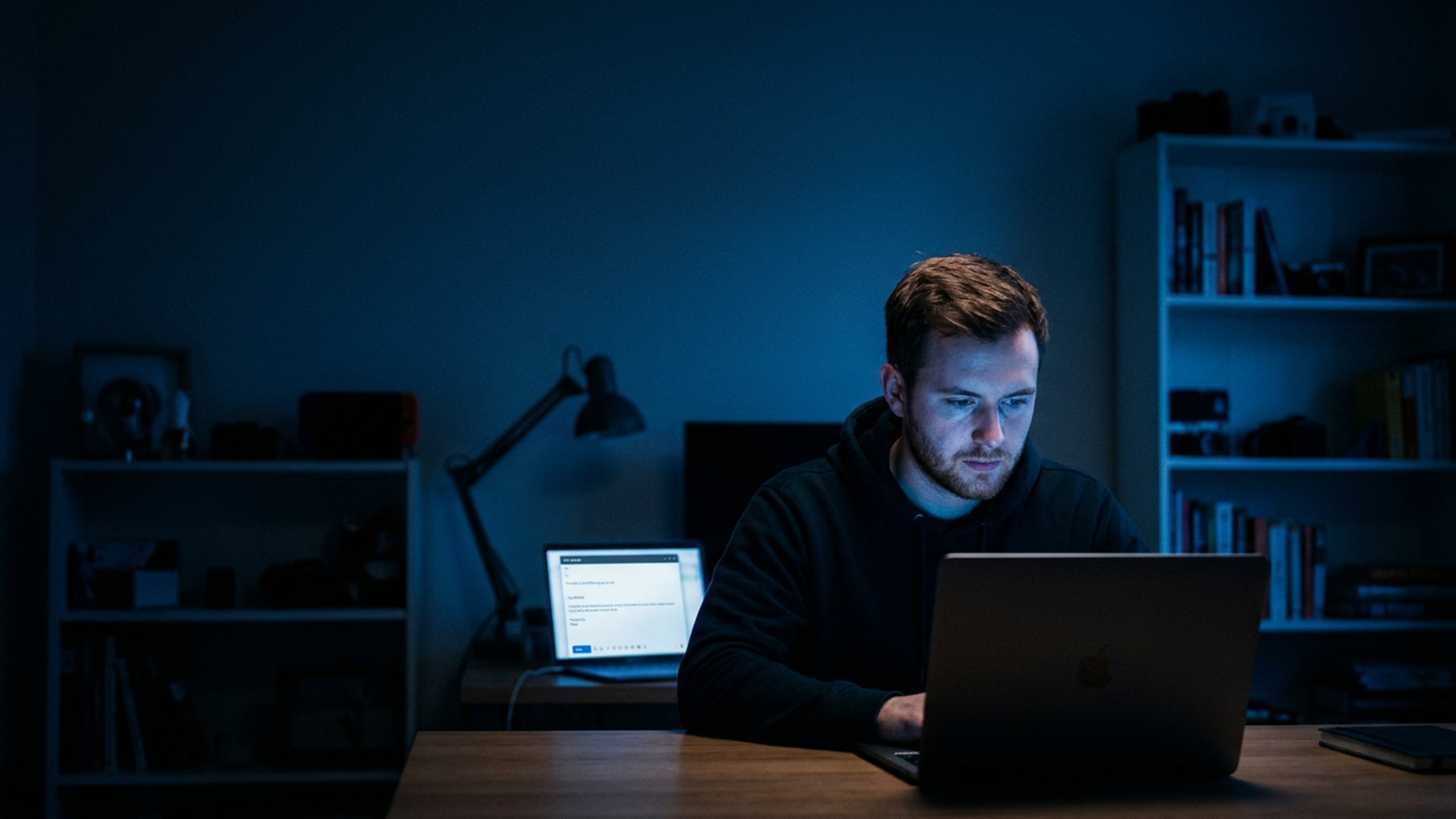 Solo founder writing an outreach email at a laptop in a dark home office, blue screen glow, focused and absorbed in work