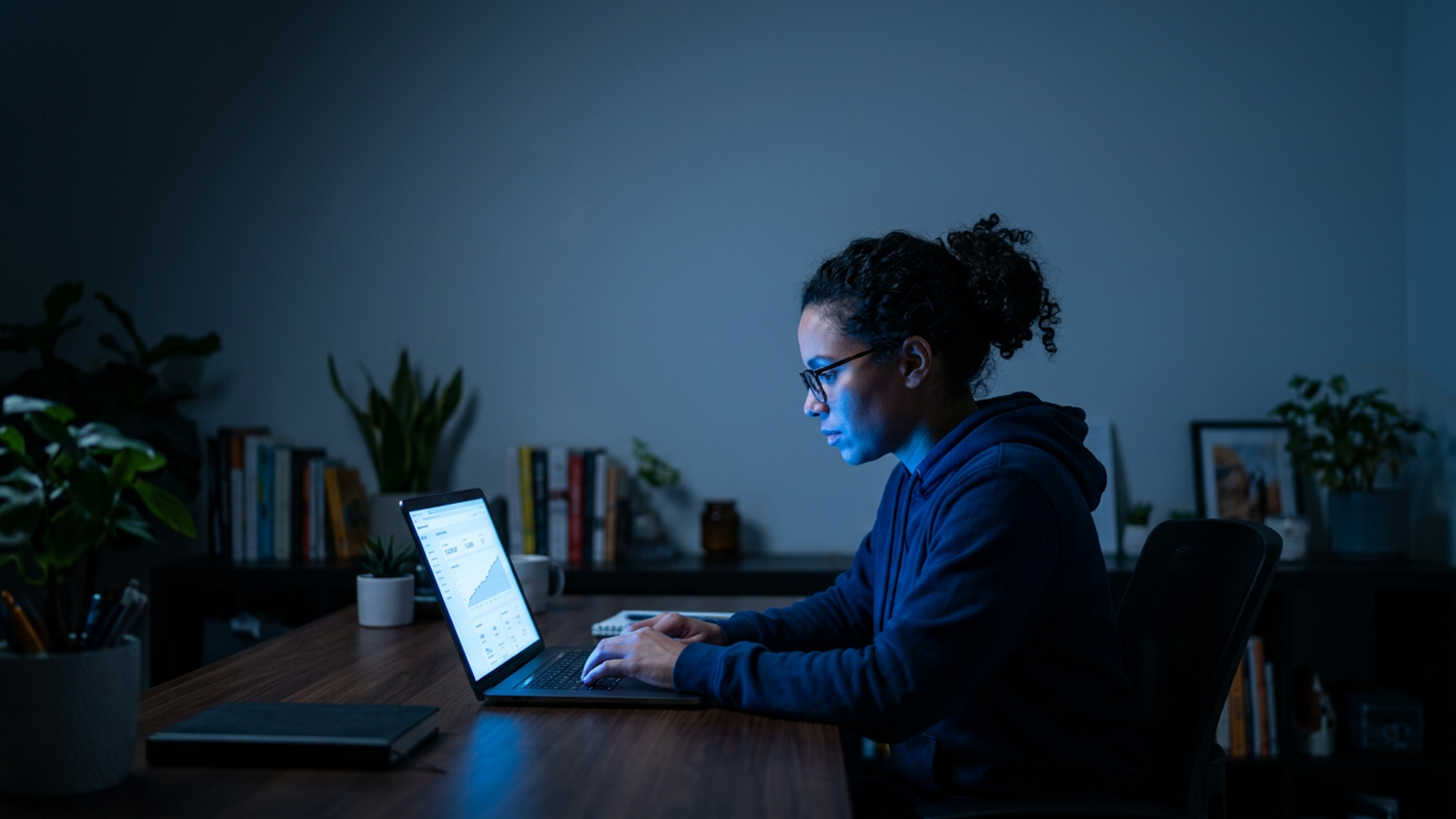 Solo founder working late at a glowing laptop, waitlist counter rising on screen in a dark home office