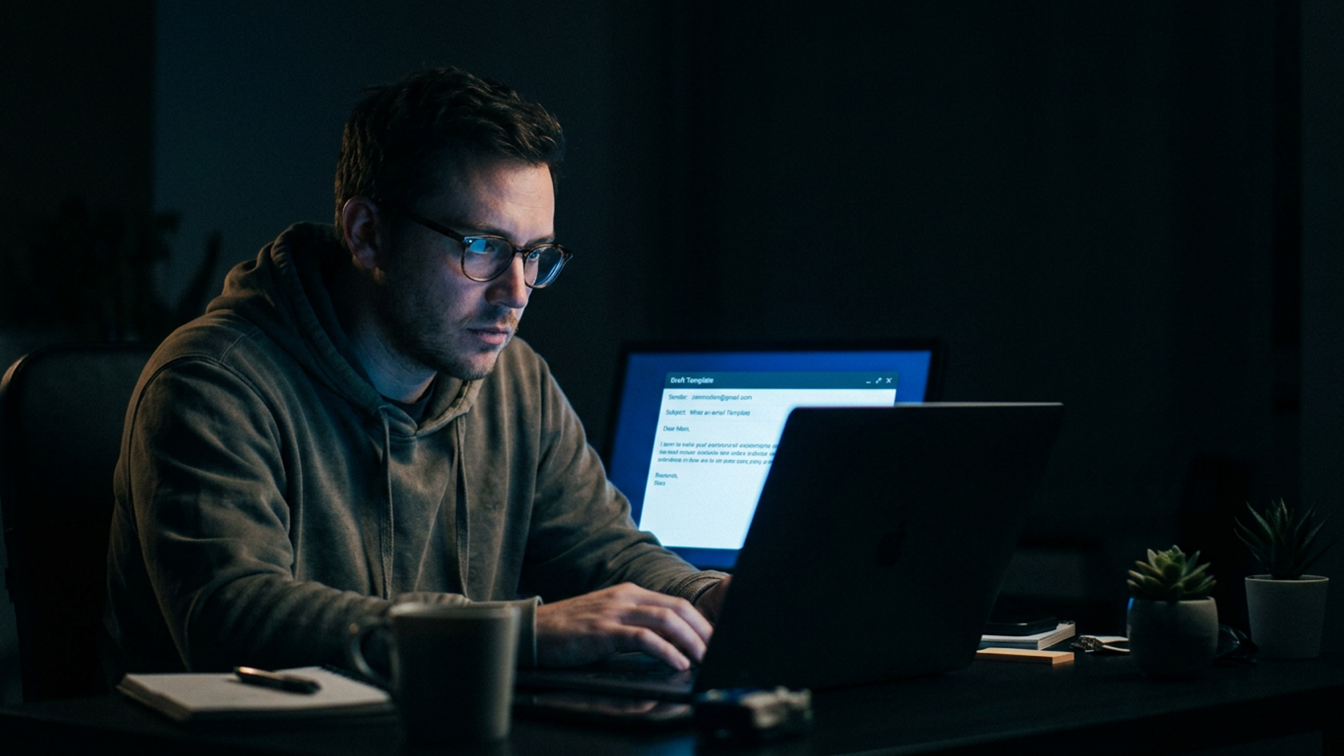 Solo founder at a dark desk late at night, laptop screen casting cool blue light on their face as they draft an outreach