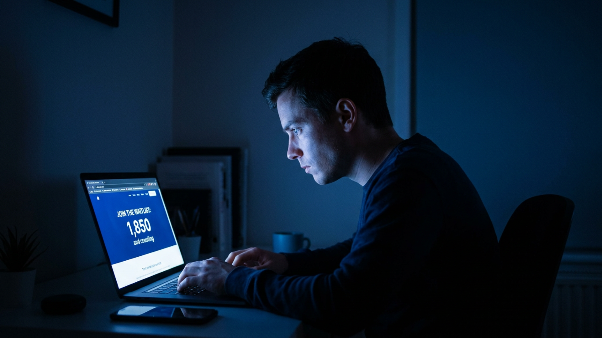 Solo founder at a glowing laptop in a dark home office, a rising waitlist counter visible on screen, cool blue light filling