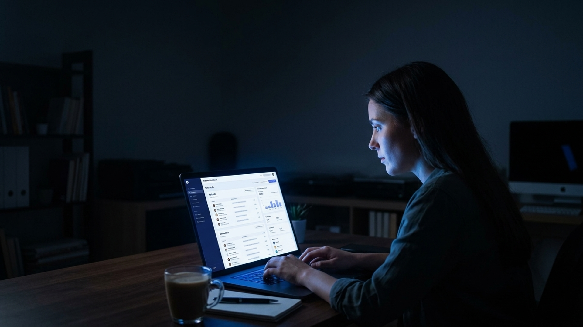 Solo founder at a dark desk, face lit by a laptop screen displaying a media outreach dashboard with podcast and newsletter