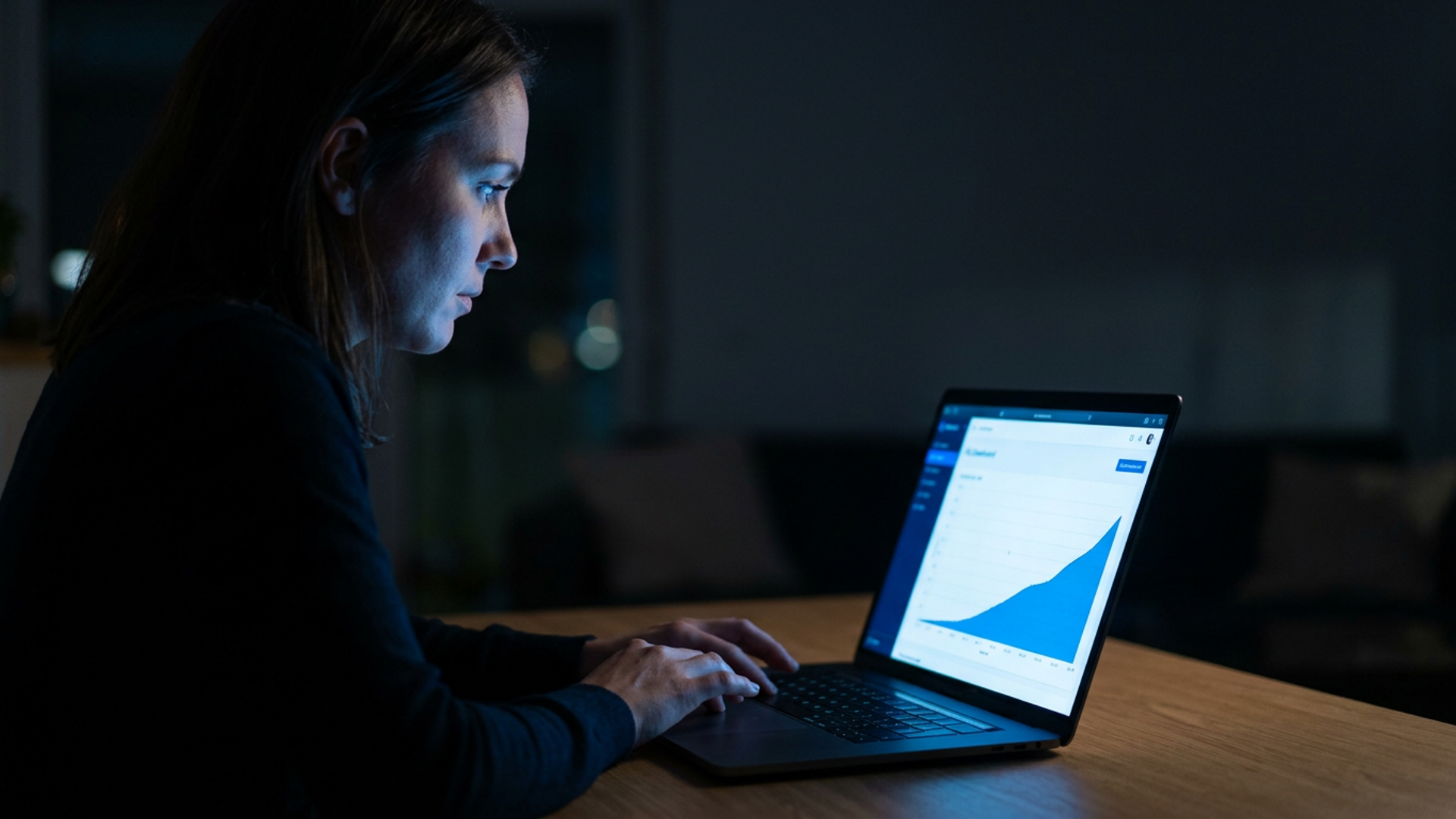 Solo founder at a dark home office desk, laptop screen casting cobalt light on their face as they review a growing