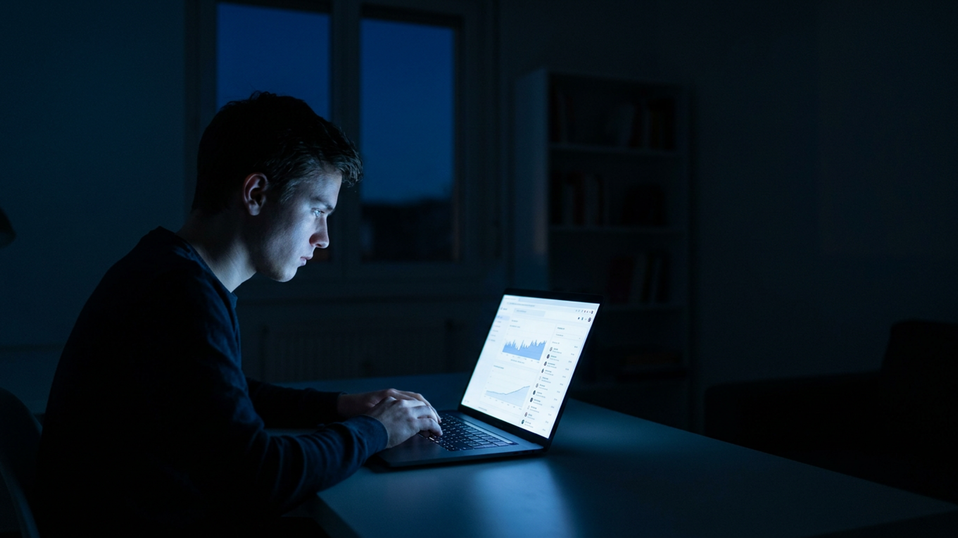 Solo founder at a dark home desk, laptop screen glowing blue with a rising analytics dashboard, late-night builder mode