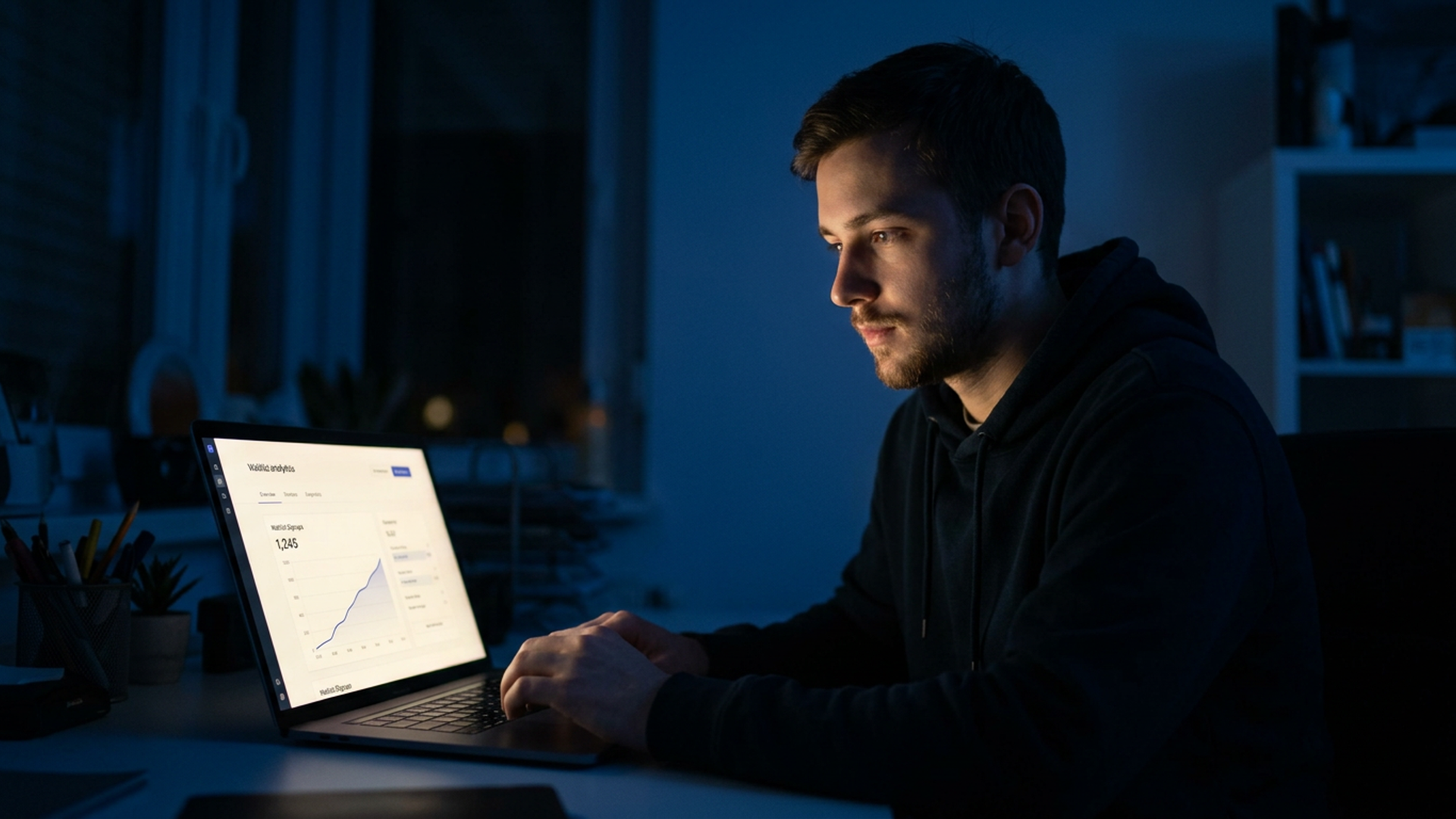Solo founder at a laptop in a dark home office, waitlist analytics dashboard glowing on screen, cool blue light, late night