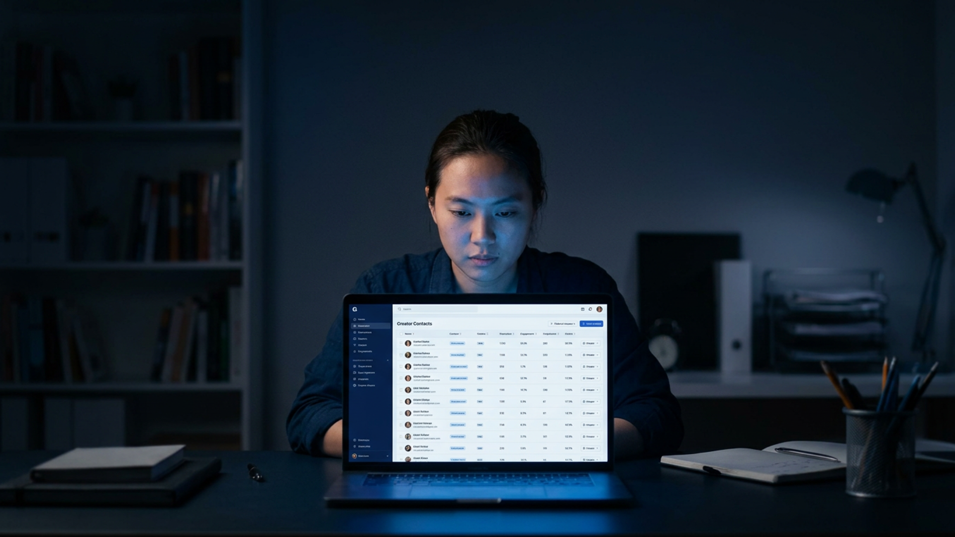 Solo founder at a dark desk, screen glow illuminating their face as they scroll through an influencer contact list late at
