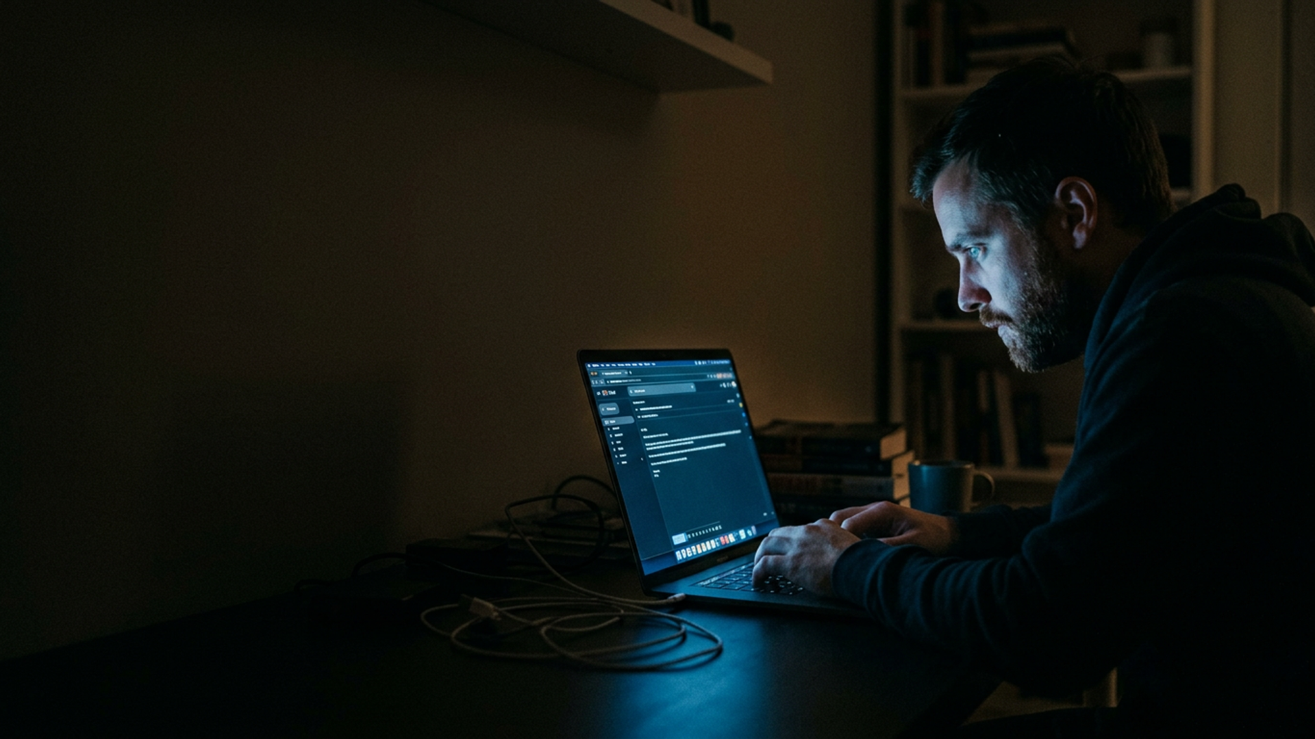 Solo founder at a glowing laptop in a dark home office, composing an outreach email in cool blue screen light