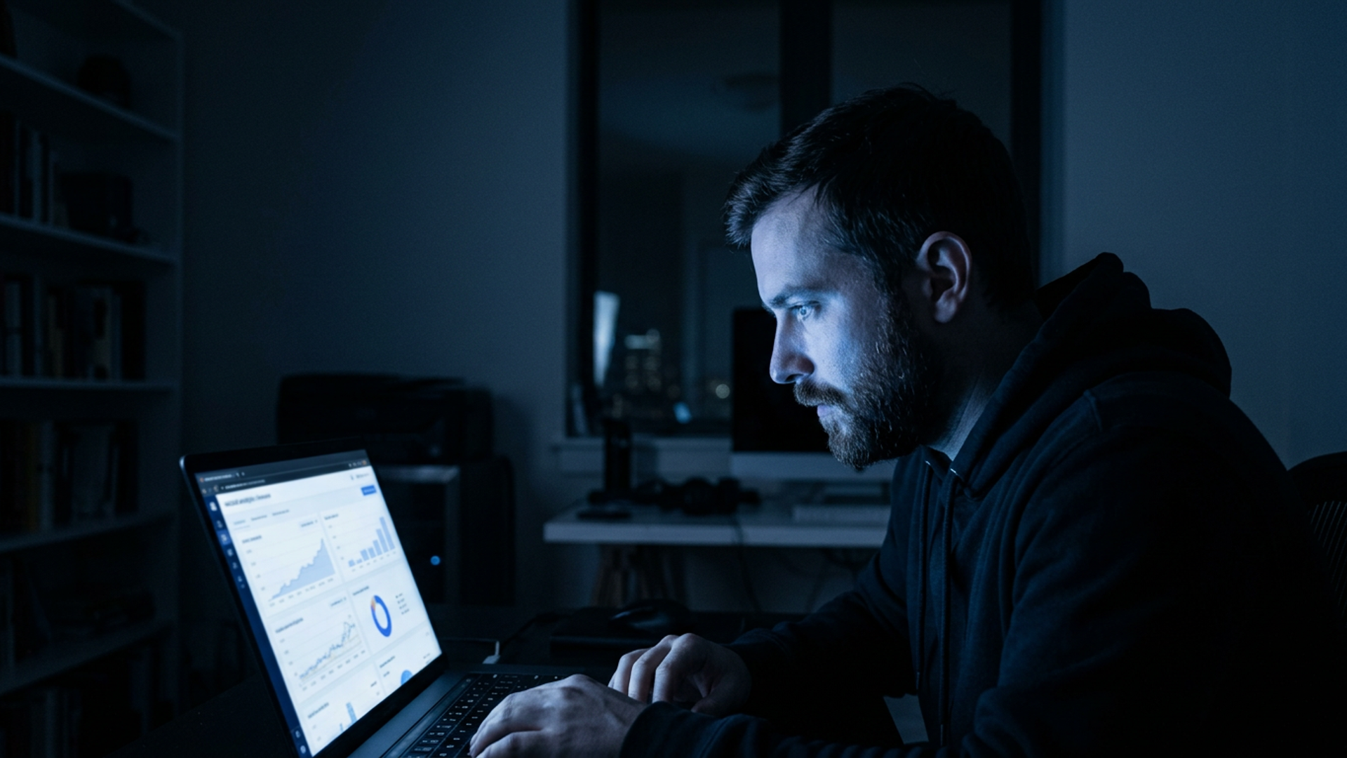 Solo founder studying a waitlist analytics dashboard on a glowing laptop screen in a dark home office, cool blue light