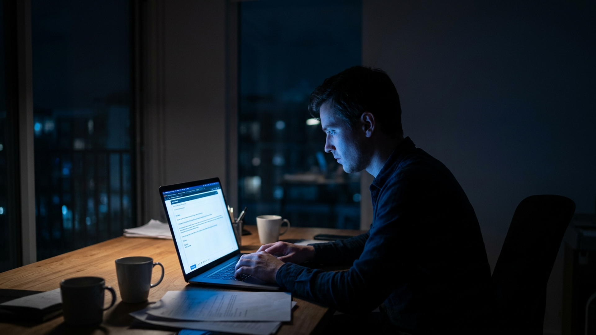 Solo founder typing a short outreach email at a laptop in a dark home office, screen glow the only light source