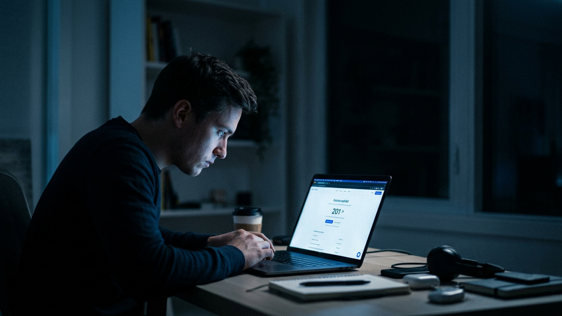 Solo founder at a laptop in a dark home office, screen glow illuminating their face as a waitlist counter climbs past 200