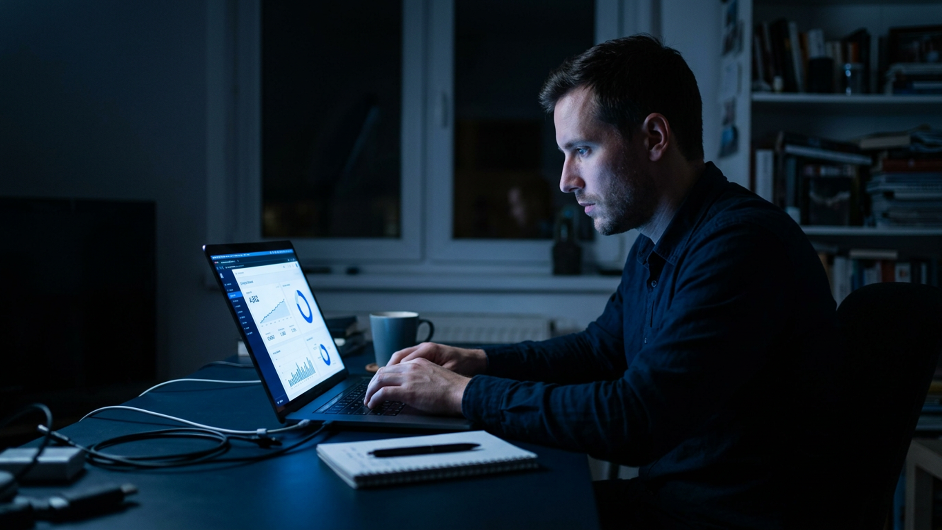 Solo founder at a dark desk, laptop screen showing a rising waitlist counter, cool blue light, late night home office