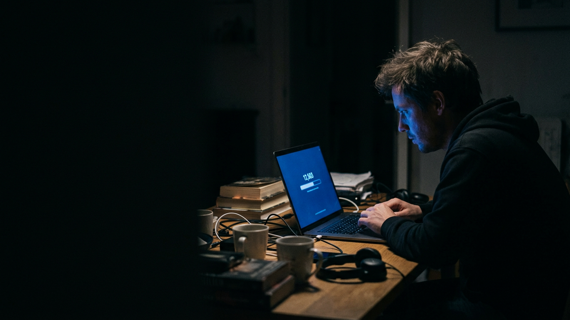 Solo founder at a desk late at night, laptop screen showing a rising waitlist counter in cool blue light, deep shadows