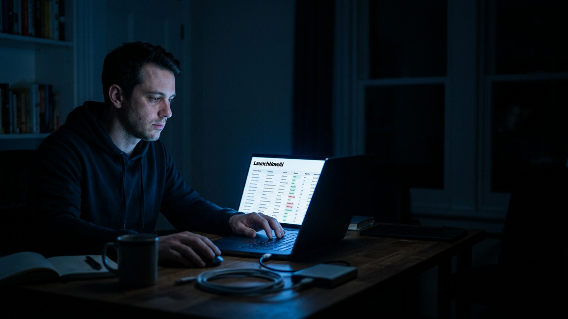 Solo founder at a dark desk, laptop screen showing a niche contact list with outreach status, cool blue screen glow in dim
