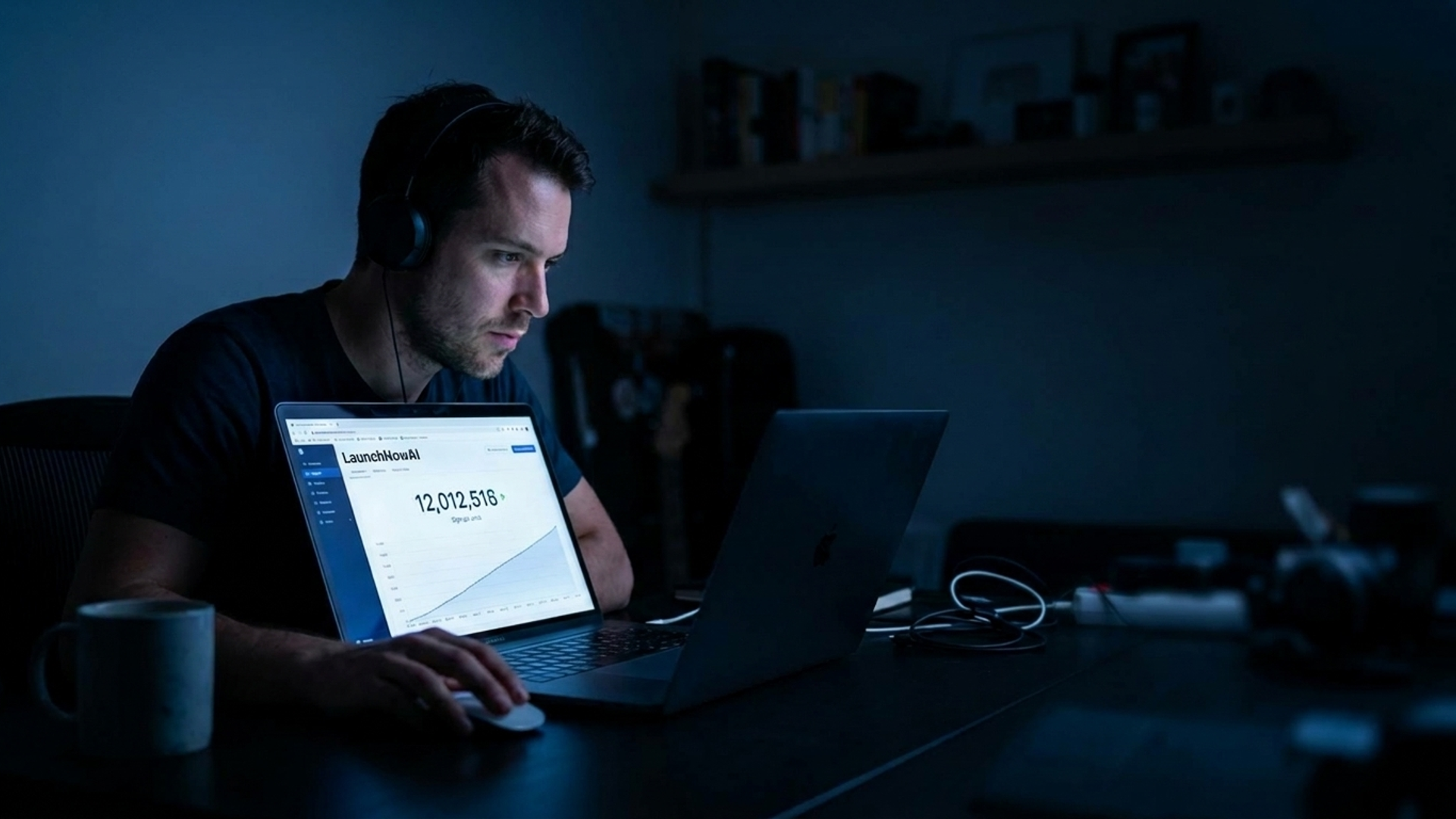 Solo founder at a dark desk, laptop screen showing a waitlist signup counter climbing, cool blue light from the screen