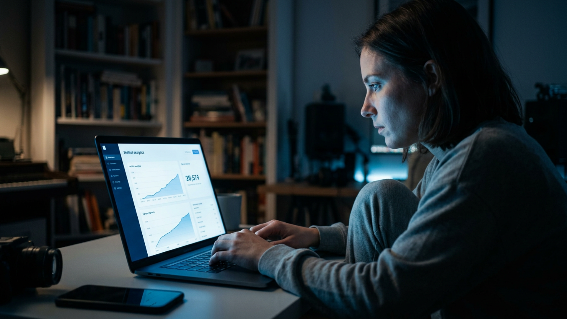 A solo founder at a laptop in a dark home office, screen glow illuminating their face, a waitlist counter climbing on the