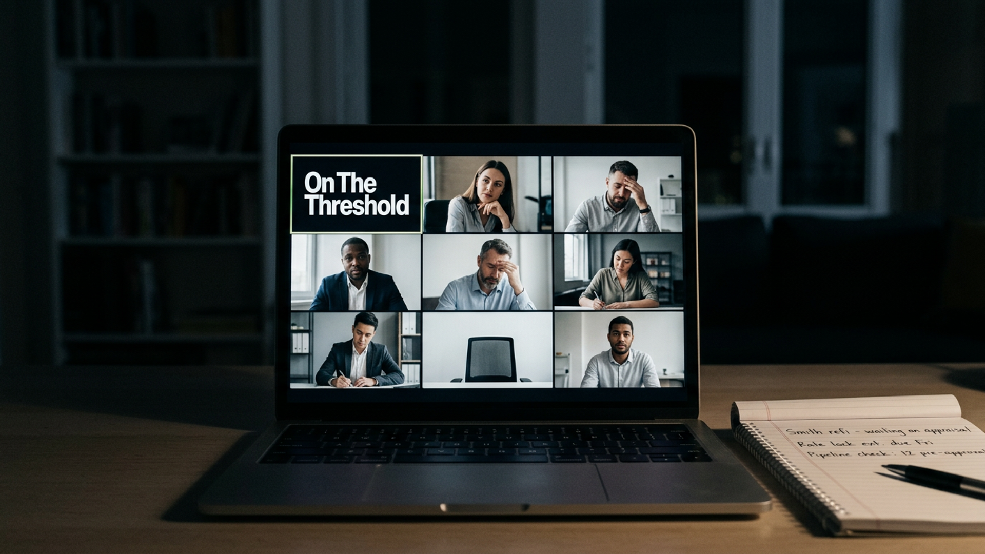 MLO at a desk reviewing a pipeline report — the daily work On The Threshold coaching addresses