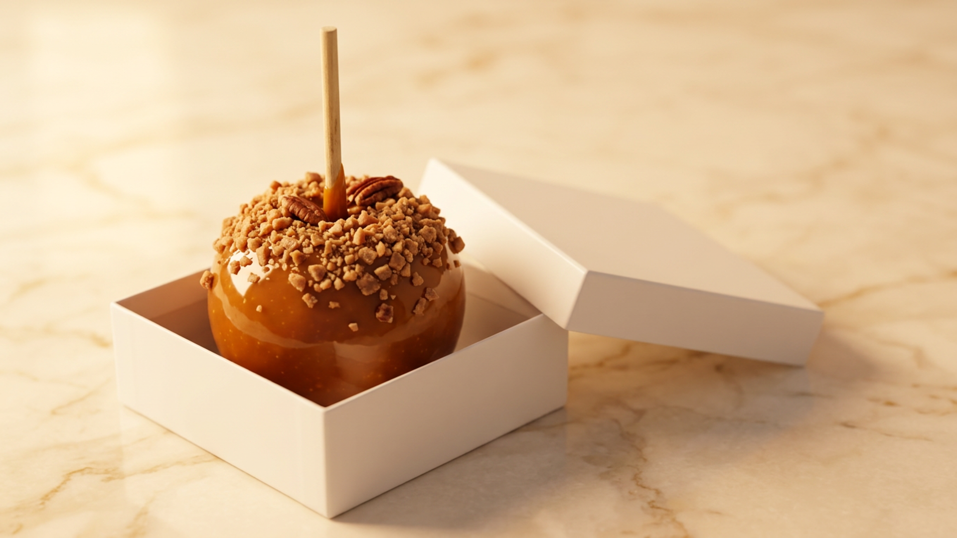A single glossy caramel apple with toffee topping sits in an open white gift box on a cream marble surface, warm amber light