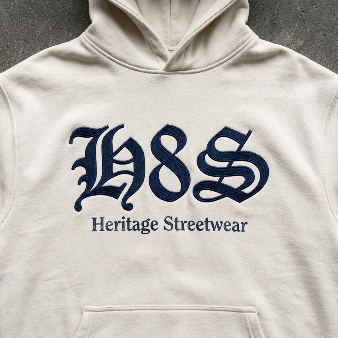 Heritage Cobalt tee flat-lay showing the Midnight Cobalt chest emblem on a dark concrete surface